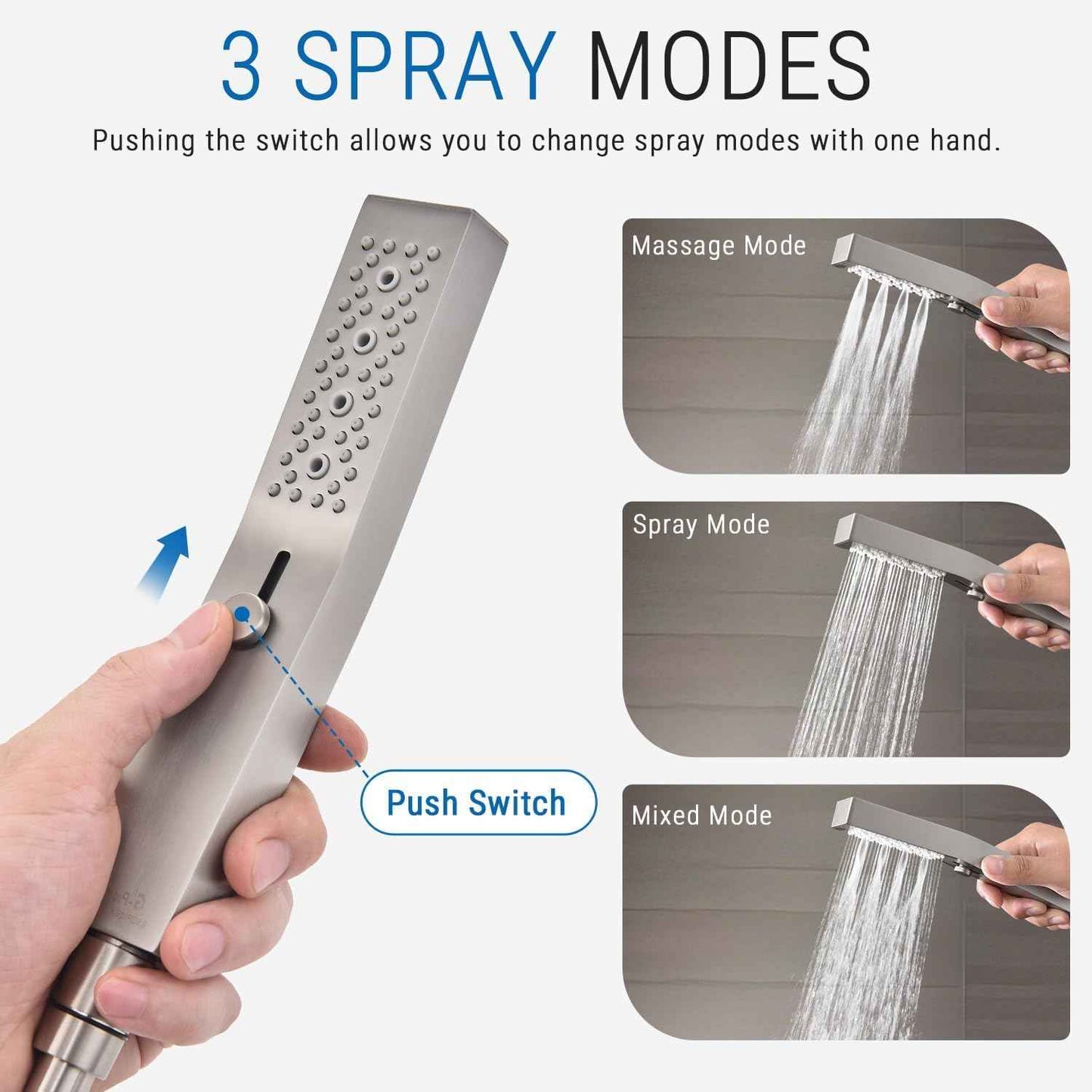 All Metal Handheld Shower Set with 3-Function Wand & 70-Inch Stainless Steel Hose