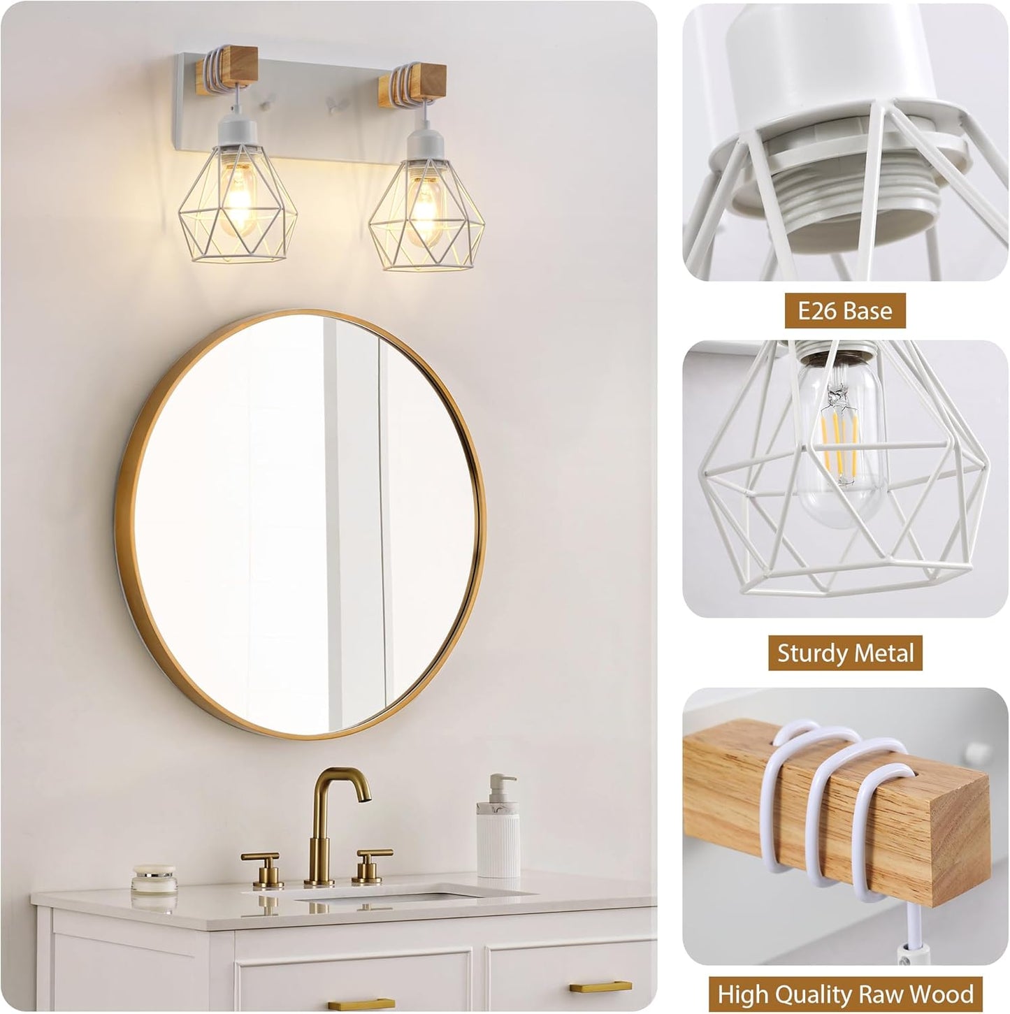 Farmhouse 3-Light Bathroom Vanity Light Fixture - Rustic White Wood Sconces for Mirror