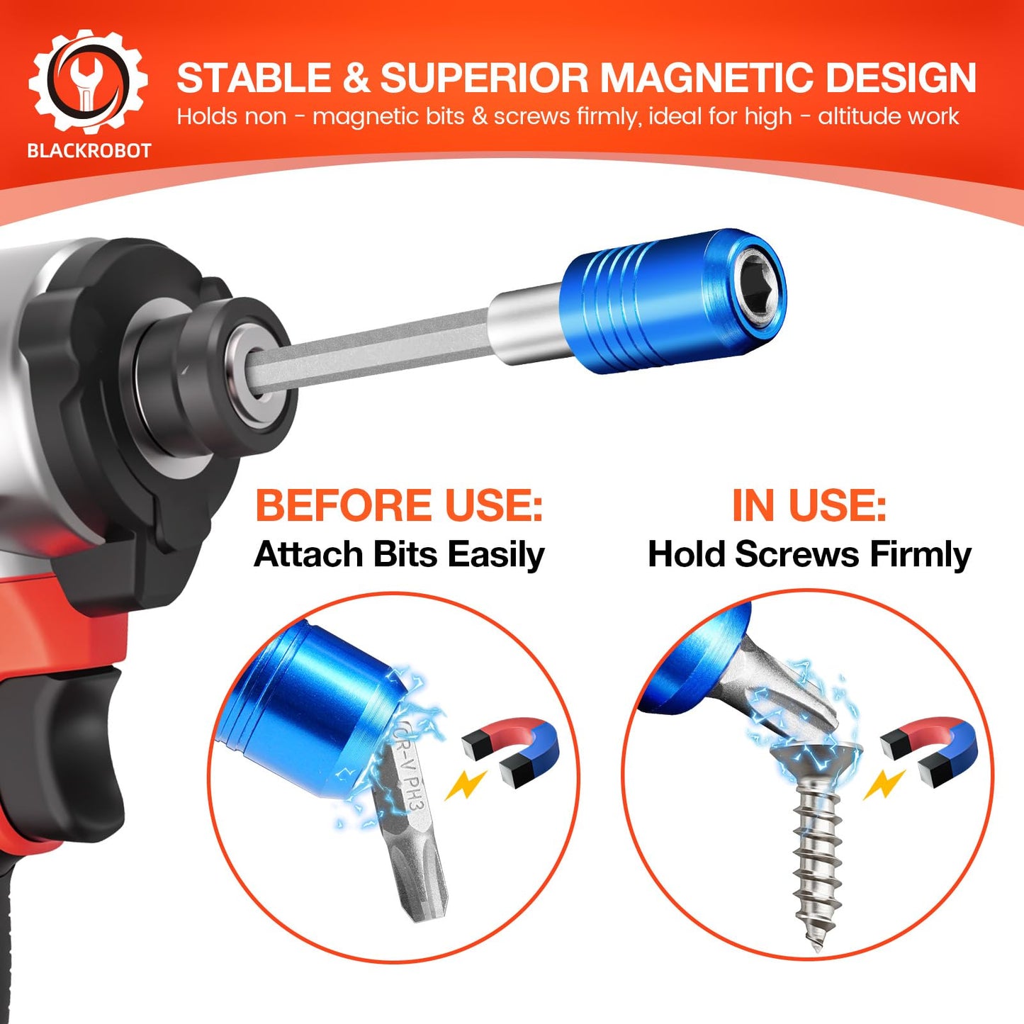 BLACKROBOT 3-Piece Magnetic Quick Change Impact Bit Holder, Drill Bit Extension for 1/4" Hex Drives, 2.5/4/6 Inch Length, Ideal for Screwdriver Bits, Nuts, Drills and Socket Driver Adapters