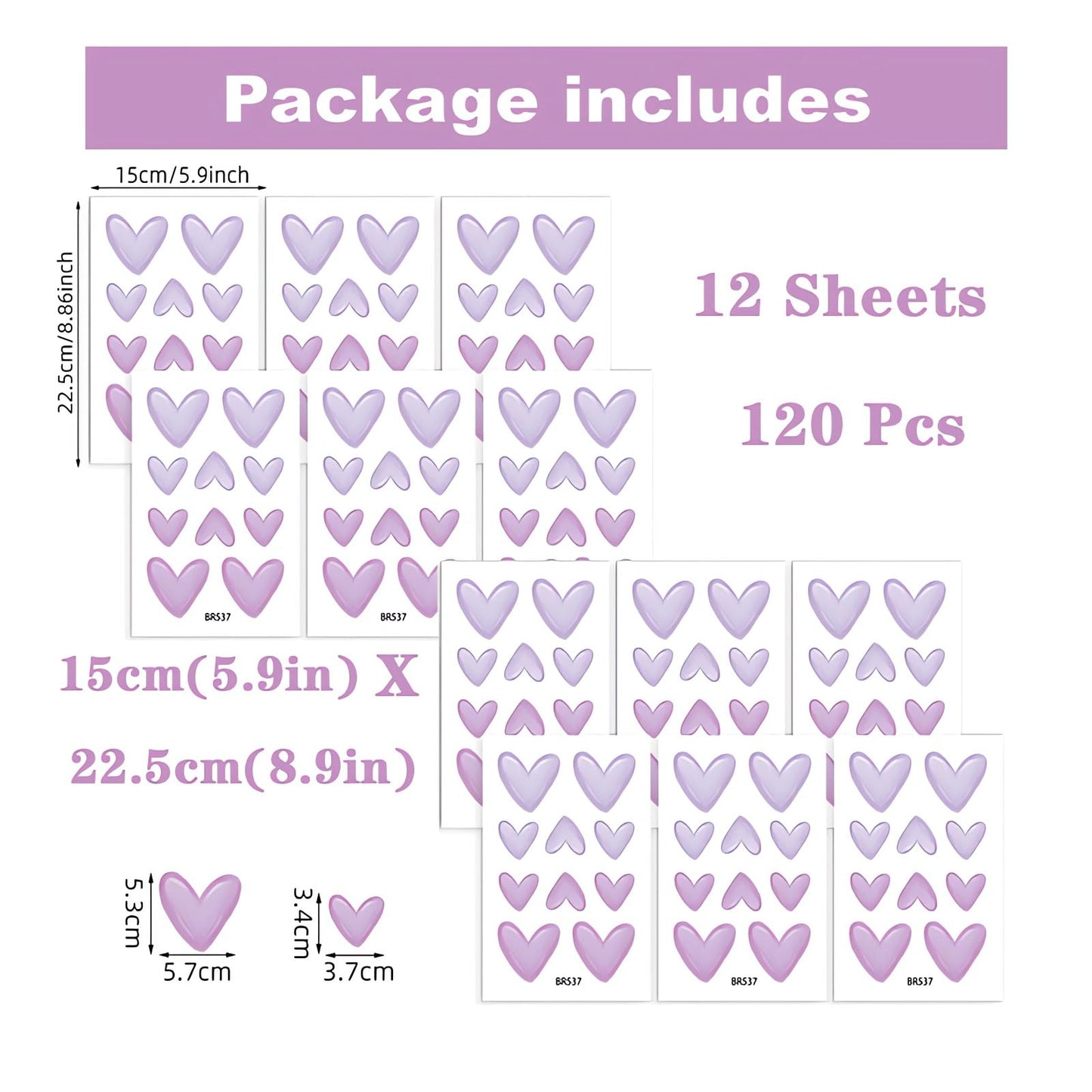 12 Sheets 120 Pcs Purple Love Heart Graphics Wall Stickers, sacinora Romantic Love DIY Wall Decals Removable Vinyl Peel and Stick for Baby Girl Nursery Bedroom Art Home Decorations