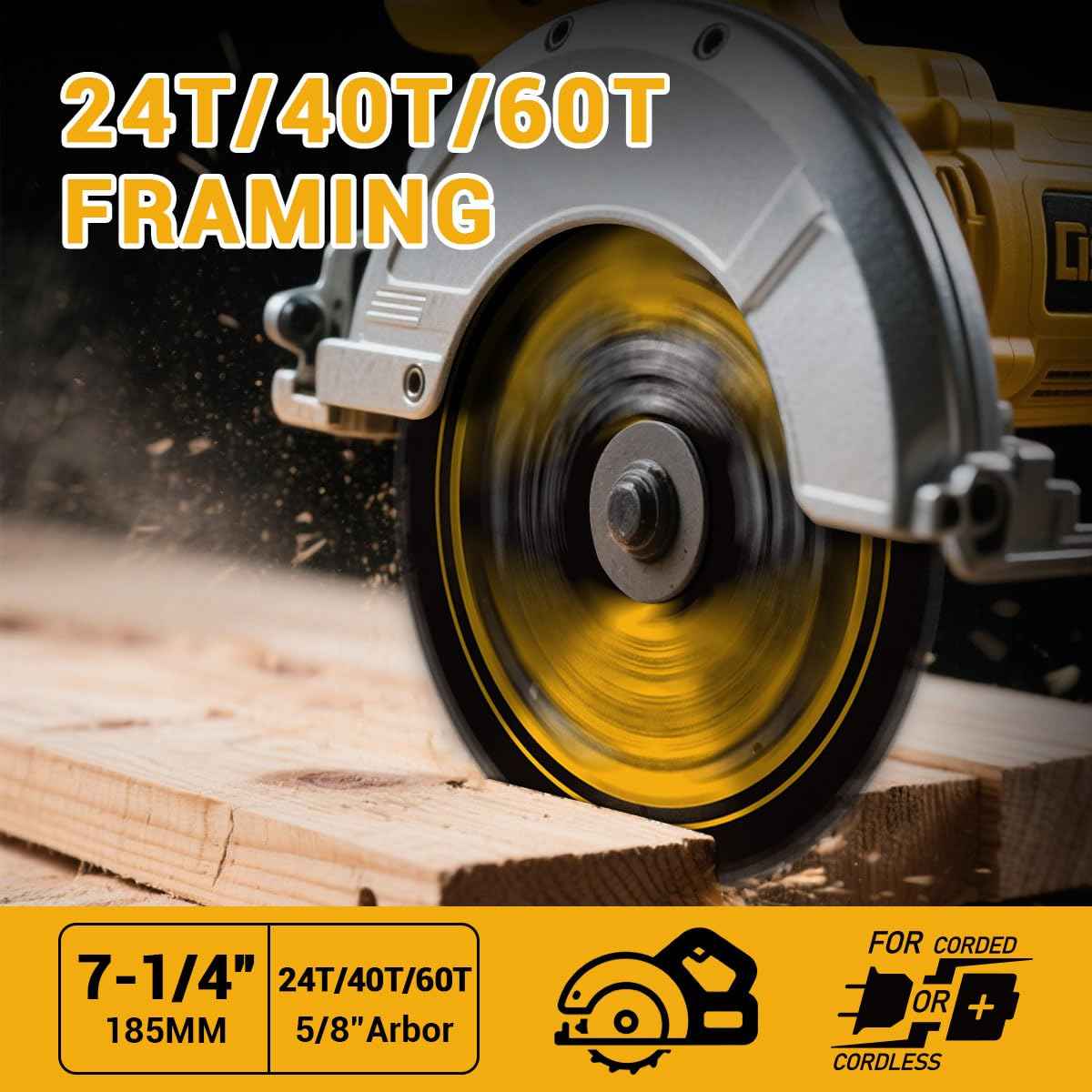 Vierdwin 7-1/4 Inch Circular Saw Blades Combo (24T/40T/60T) - 5/8" Arbor Carbide-Tipped for Wood, Plywood, MDF, Hardwood, Softwood - Fits Circular & Cordless Saws