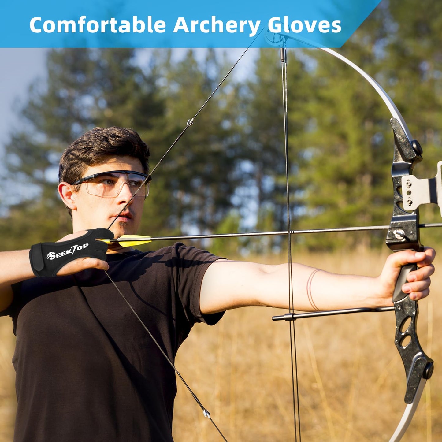 Seektop Archery Gloves Shooting Hunting Leather Three Finger Protector for Youth Adult Beginner (Update Black, XL)