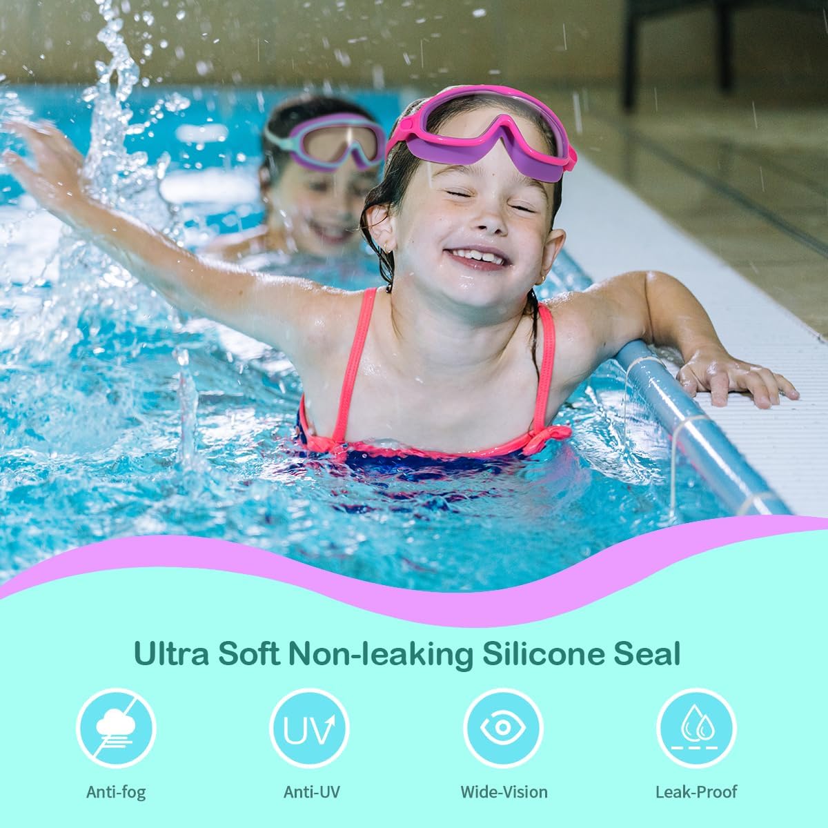 Seago Swim Goggles - Anti-Fog & Anti-UV Wide View Design for Kids Ages 3-14 | 2 Pack