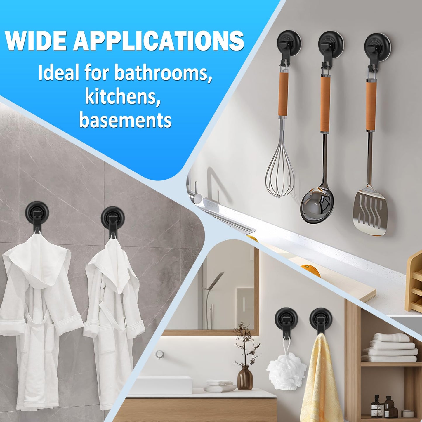 TACGEA Suction Cup Hooks for Shower, Powerful Vacuum Shower Hook for Towel, Robe, Loofah - Reuseable and Removeable Bathroom Hook, Black, 4 Pack