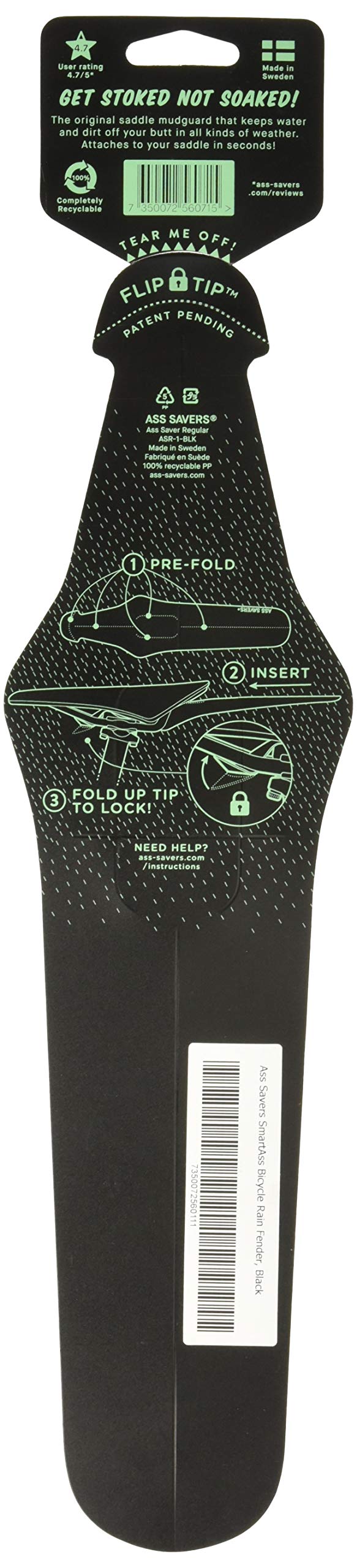 Ass Savers Regular Saddle Mudguard, 23-35 mm Tires, Generation 4, Maximum Protection, Rainy Rides, No Tools Mount, Patented Flip Tip, Lightweight, Stable, Self Centering, Commuter, Road, Black