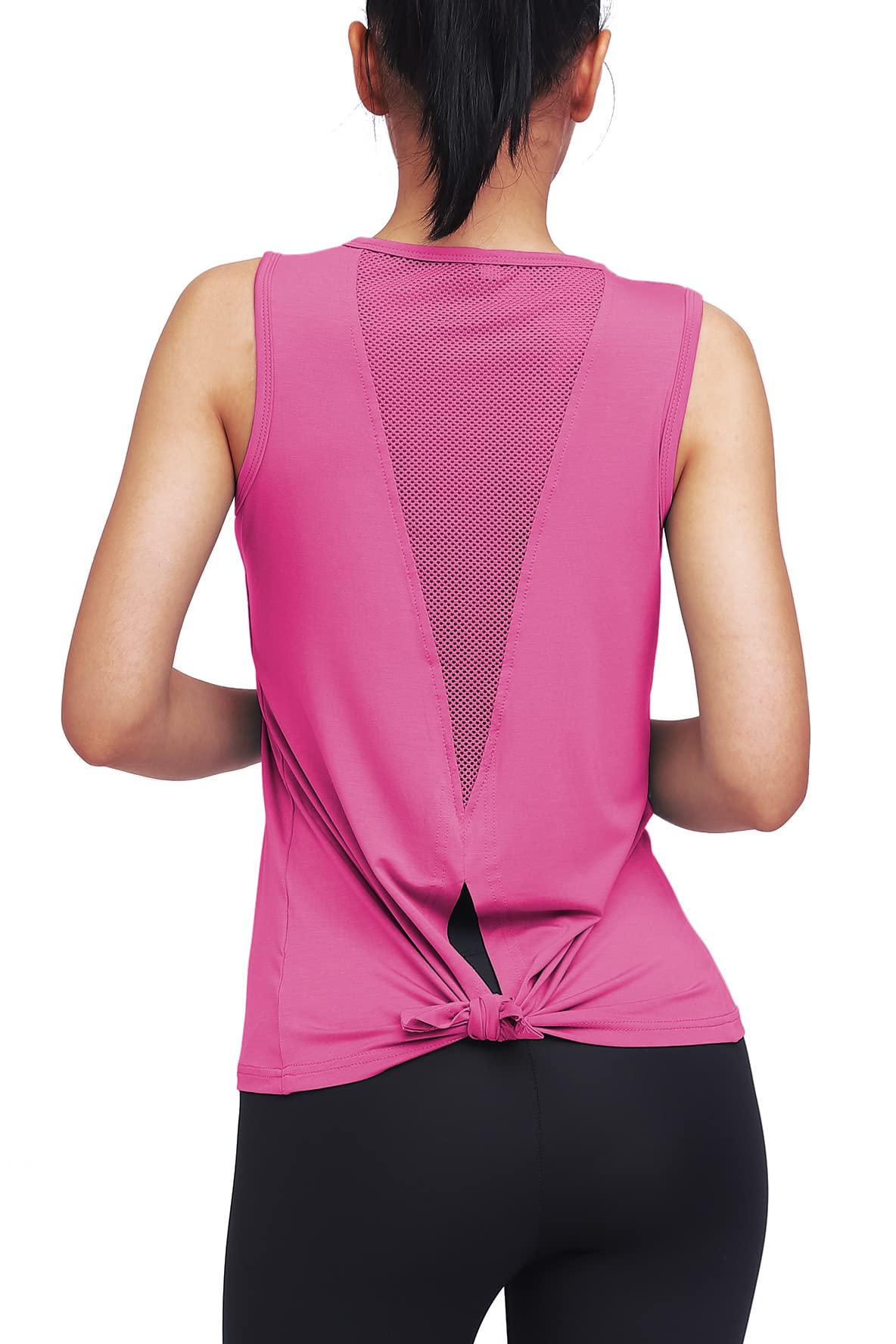 Mippo Workout Tops for Women Yoga Shirts Mesh Tie Back Tank Workout Tennis Shirts Sport Clothes Active Wear Fuchsia L