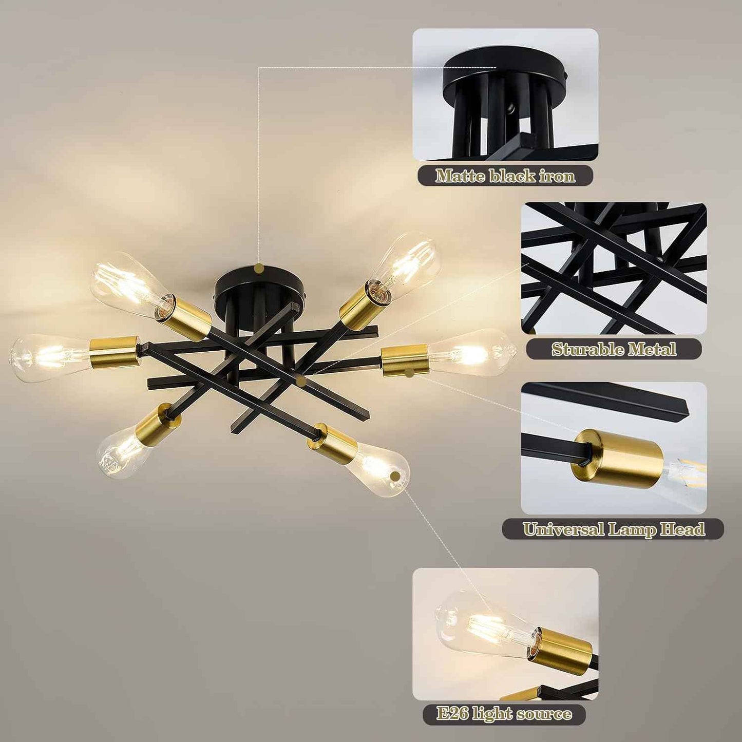 Gold Modern 6-Light Semi Flush Mount Ceiling Light Fixture - Vintage Sputnik Chandelier for Kitchen, Dining & Living Room