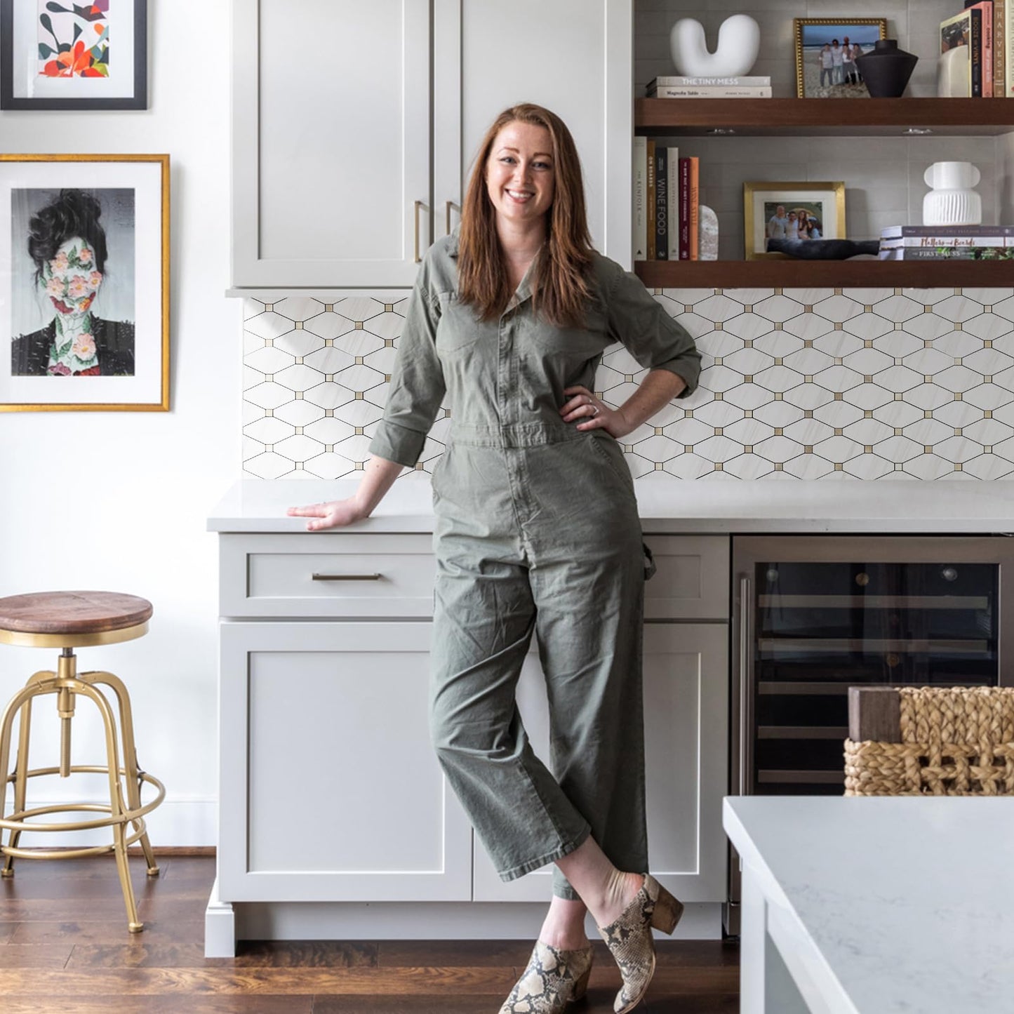 STICKGOO 1 Sheet Peel and Stick Backsplash, Polished Dolomite PVC Mixed Metal Gold Kitchen Backsplash, Stick on Backsplash Wall Tiles for Kitchen, Bathroom, RV