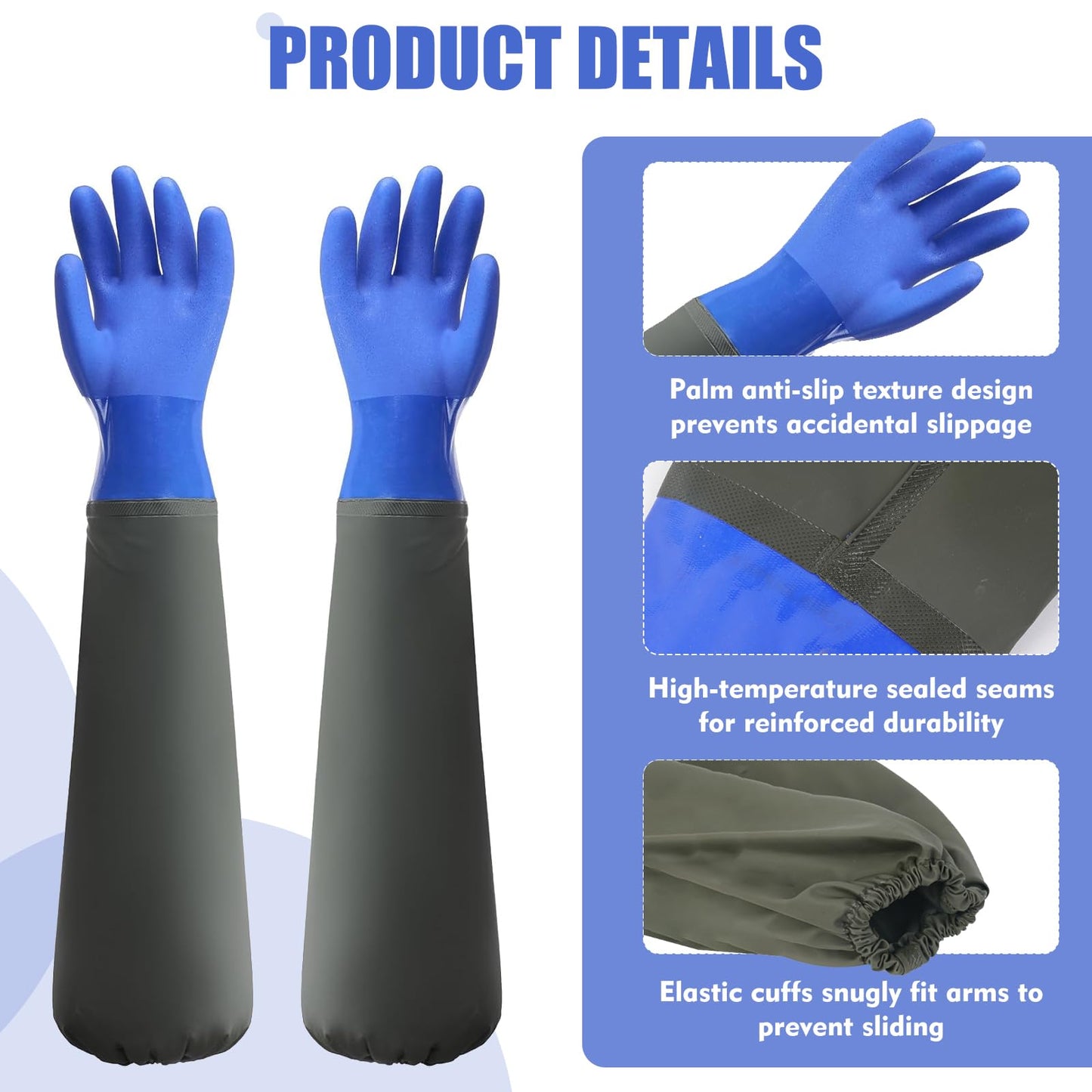 Wiratca 27.2" Long Rubber Gloves, Heavy Duty Chemical Resistant Gloves for Acid Work, Waterproof PVC Material for Durable & Flexible(Blue)