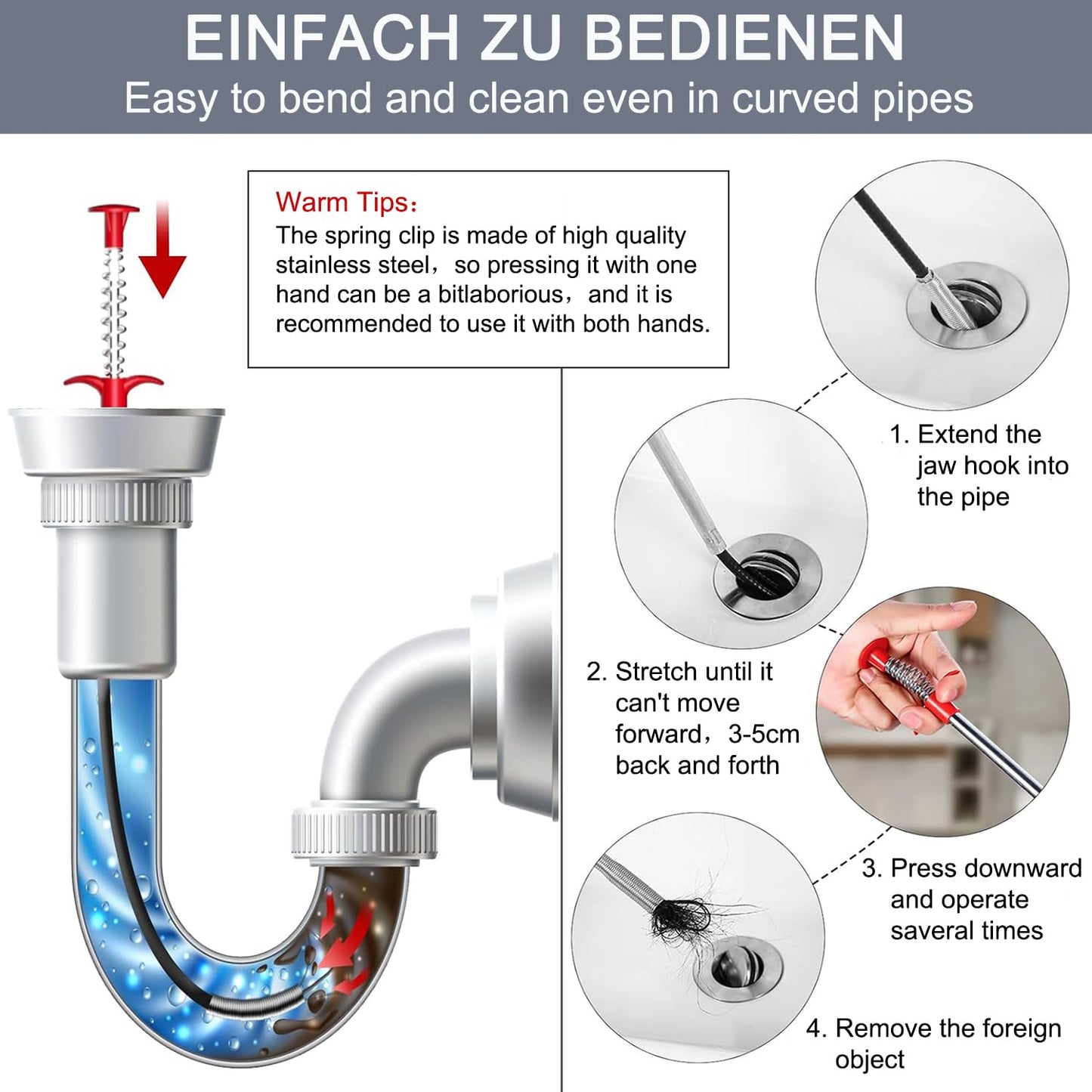 Hair Catcher Drain Auger Cleaner Tool Set - 3 × 53 Inch Sink Snake + 1 × 35 Inch Drain Clog Remover, Set For Toilet, Kitchen Sink, Bathroom Tub, Sewer,4 Pack