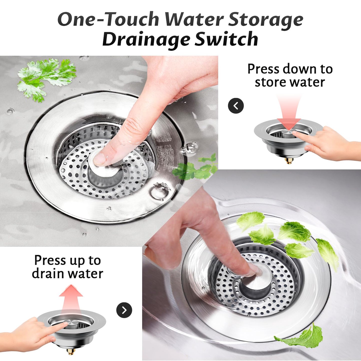 Kitchen Sink Drain Strainer – 304 Stainless Steel 3-in-1 Pop Up Design, Anti-Clogging Sink Strainer Basket for US Standard 3.5" Kitchen Drain, Water Storage & Debris Filter