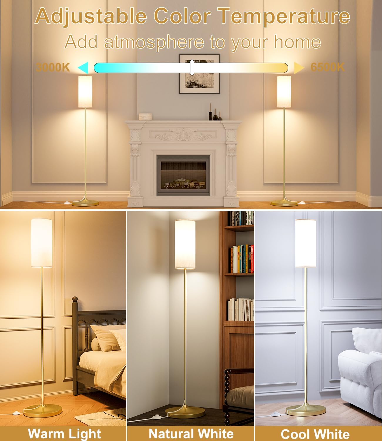 LED Floor Lamp with Remote & Dimmable Feature - Modern Gold Standing Lamp for Living Room & Bedroom