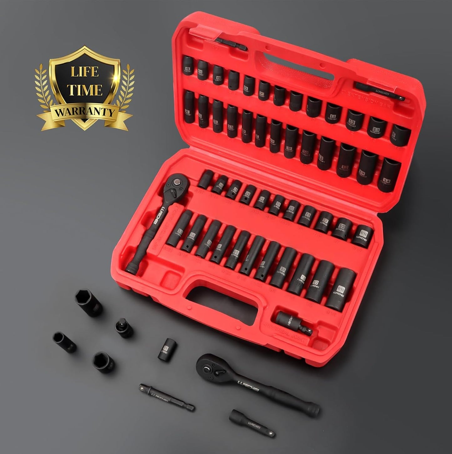 52-Piece Impact Socket Set with 72-Tooth Ratchet & Adapter - Metric & SAE Mechanic Tools for Automotive Repair