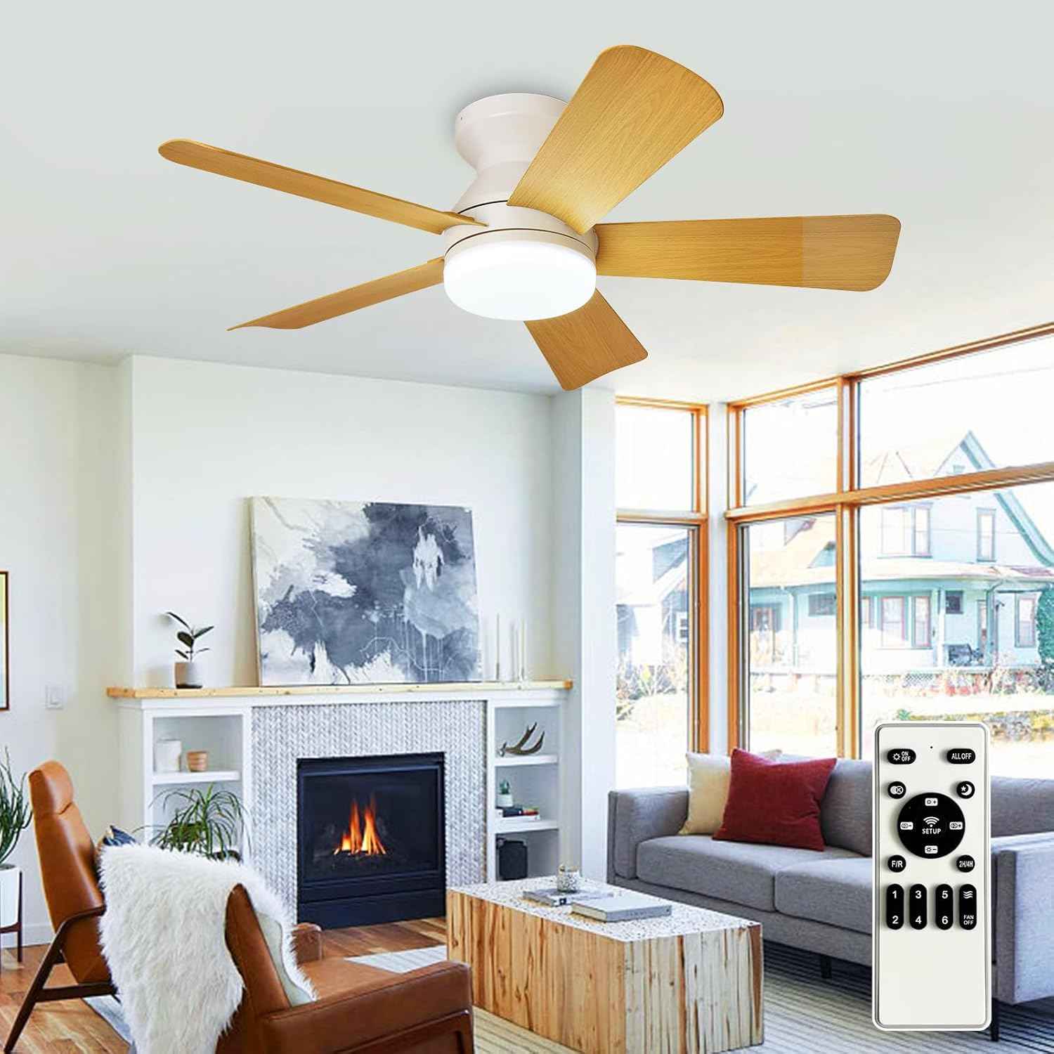42-Inch Modern Black Ceiling Fan with Light & Remote - Dimmable Low Profile, 5 Reversible Walnut Blades, 6 Speeds for Indoor/Outdoor Use
