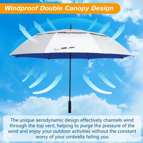 Fulynmen 72 Inch Large UV Umbrellas For Sun Protection UPF50+ Sun Golf Umbrella UV Protection Cooling Windproof Vented Double Canopy Extra Huge Big Size (Silver-Blue)