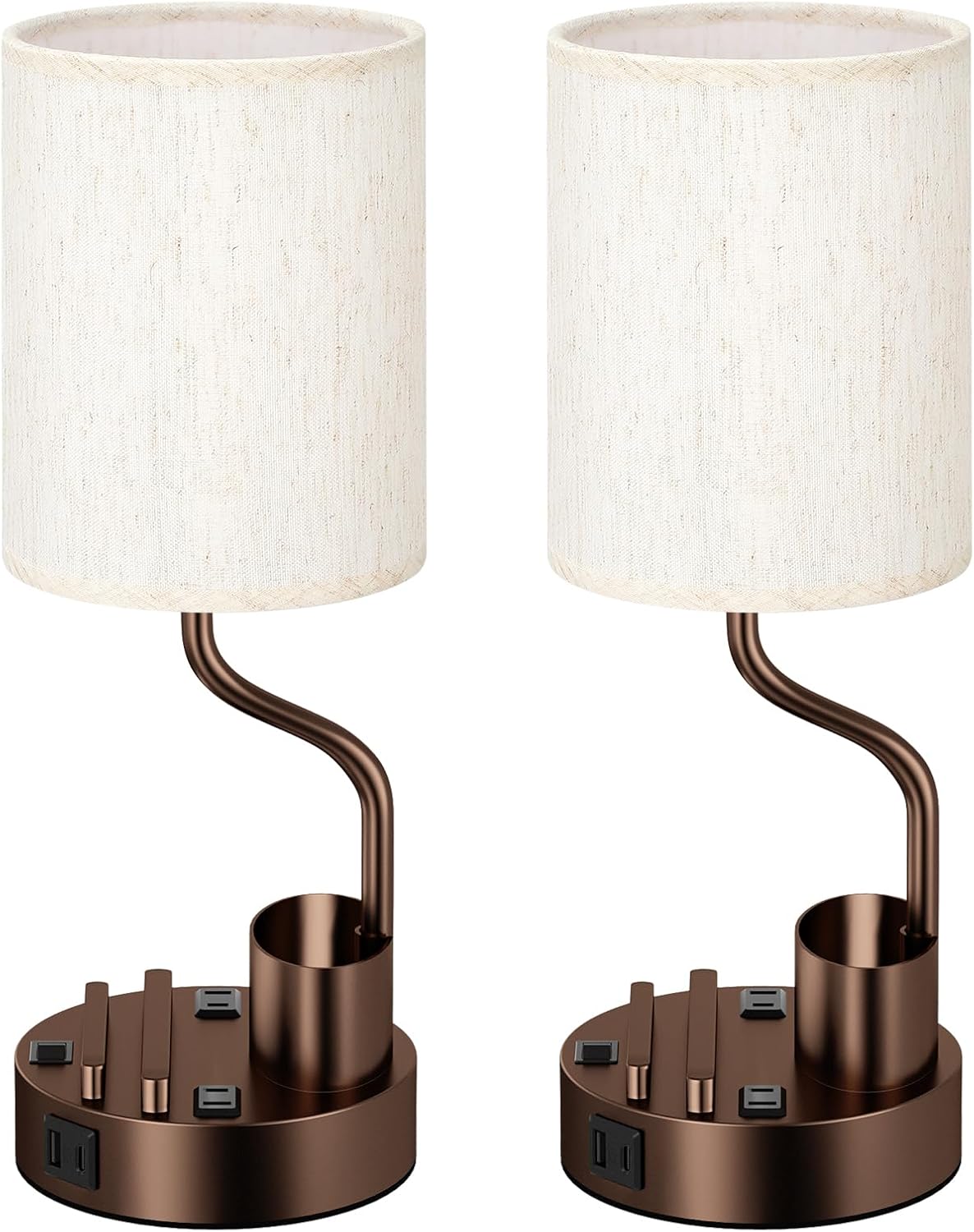 Set of 2 Bedside Table Lamps with USB & AC Outlet - 3 Color Temperatures, Desk Light & Phone Stand for Bedroom, Living Room, Office
