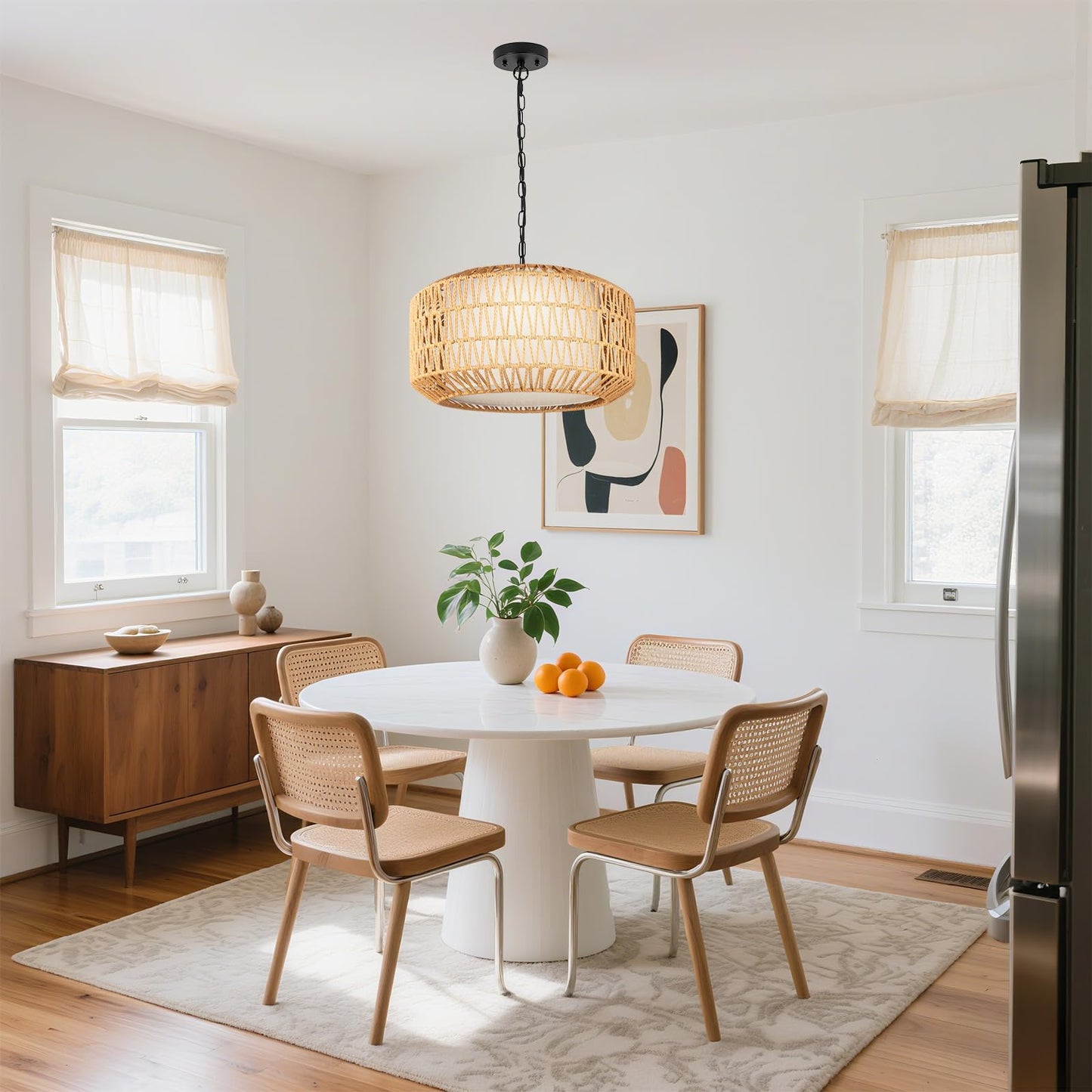 ILVUFORGOOD Boho Rattan Chandelier, 3-Light Farmhouse Pendant Light with Linen Shade, Hand-Woven Ceiling Light Fixture for Dining Room, Bedroom, Kitchen Island, E26 Base (Bulbs Not Included)