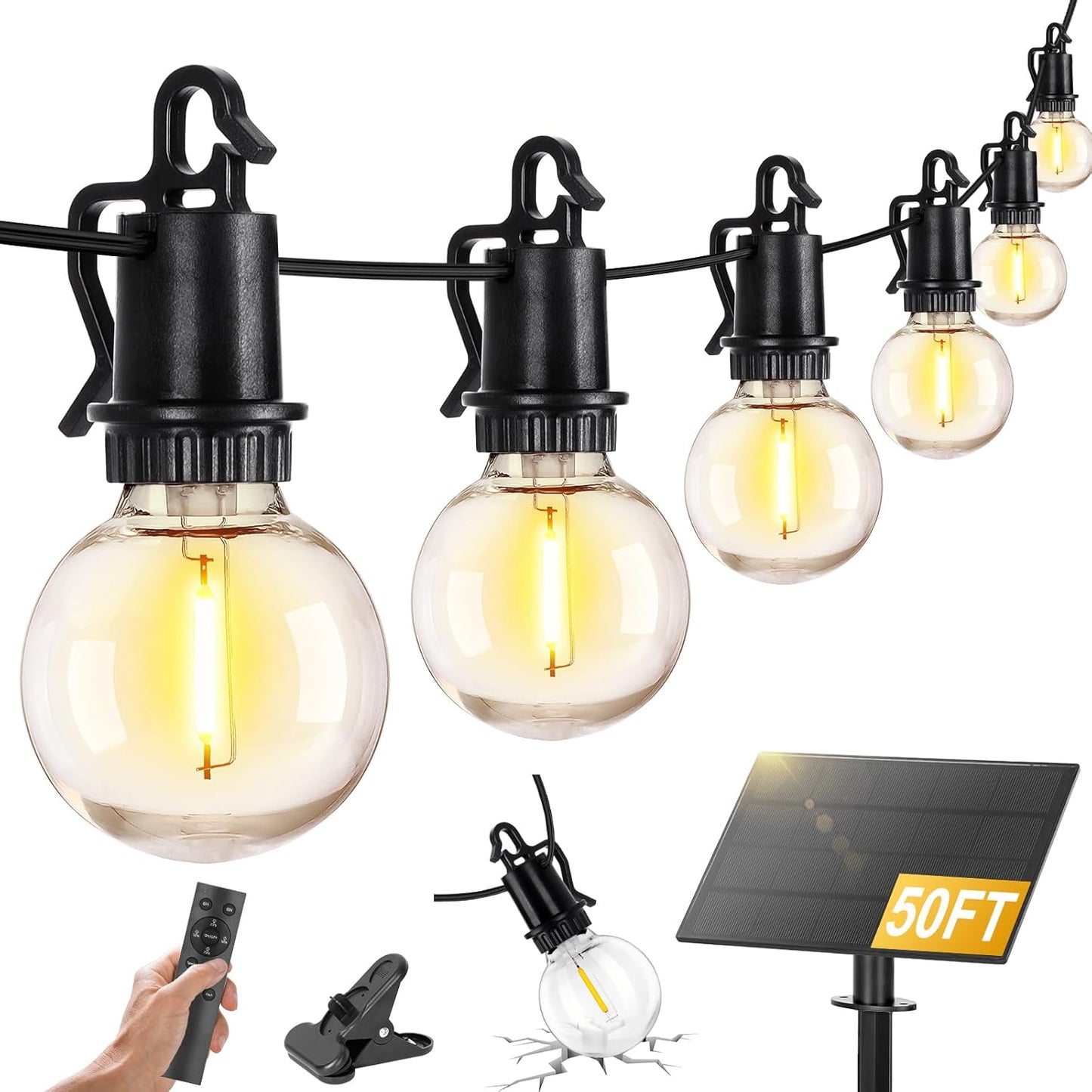 100FT Solar Powered String Lights with Remote - Waterproof G40 Patio Lights, 30 Shatterproof Bulbs, 3 Modes for Camping & Backyard