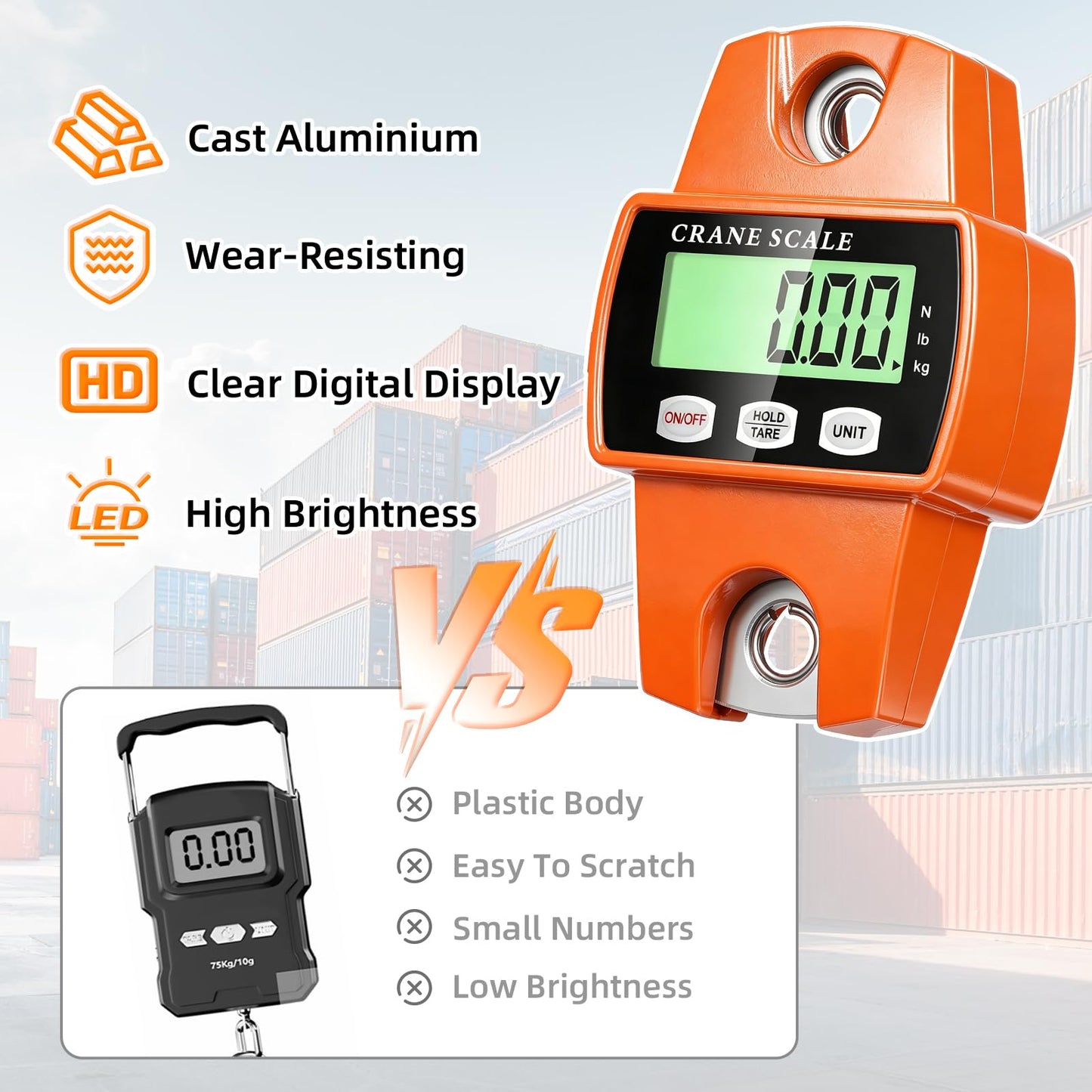 Digital Hanging Scale, 1100lb/500kg Handheld Crane Scale, Small Crane Scale with LCD Display and Hooks, Aluminum Alloy Body for Hunting, Outdoor, Luggage, Farm (Orange)