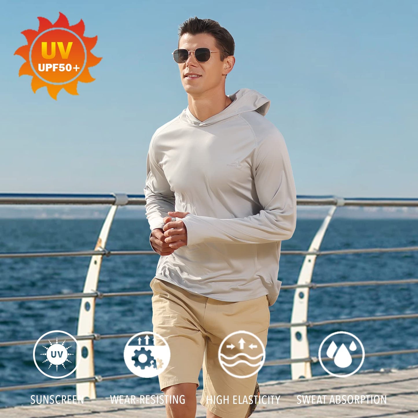 Men's UPF 50+ UV Sun Protection Hoodie Long Sleeve Rash Guard Hiking Fishing Swim T Shirt (Grey, L)