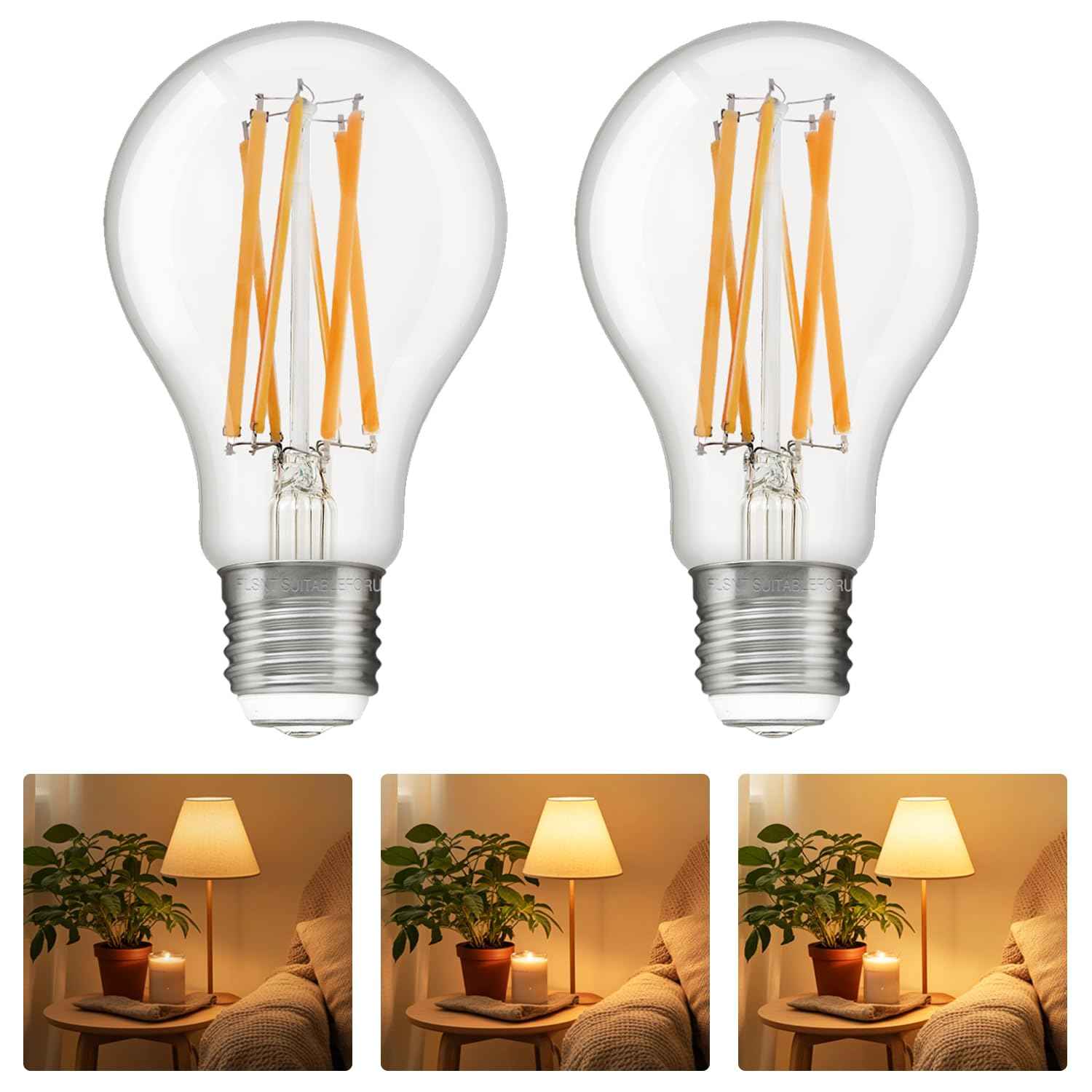 FLSNT 3 Way LED Light Bulb E26 Standard Base, 50W 100W 150W Equivalent, 3-Way Dimmable A23 LED Clear Light Bulbs, 2700K Soft White,800lm-1500lm-2200lm 2 Pack