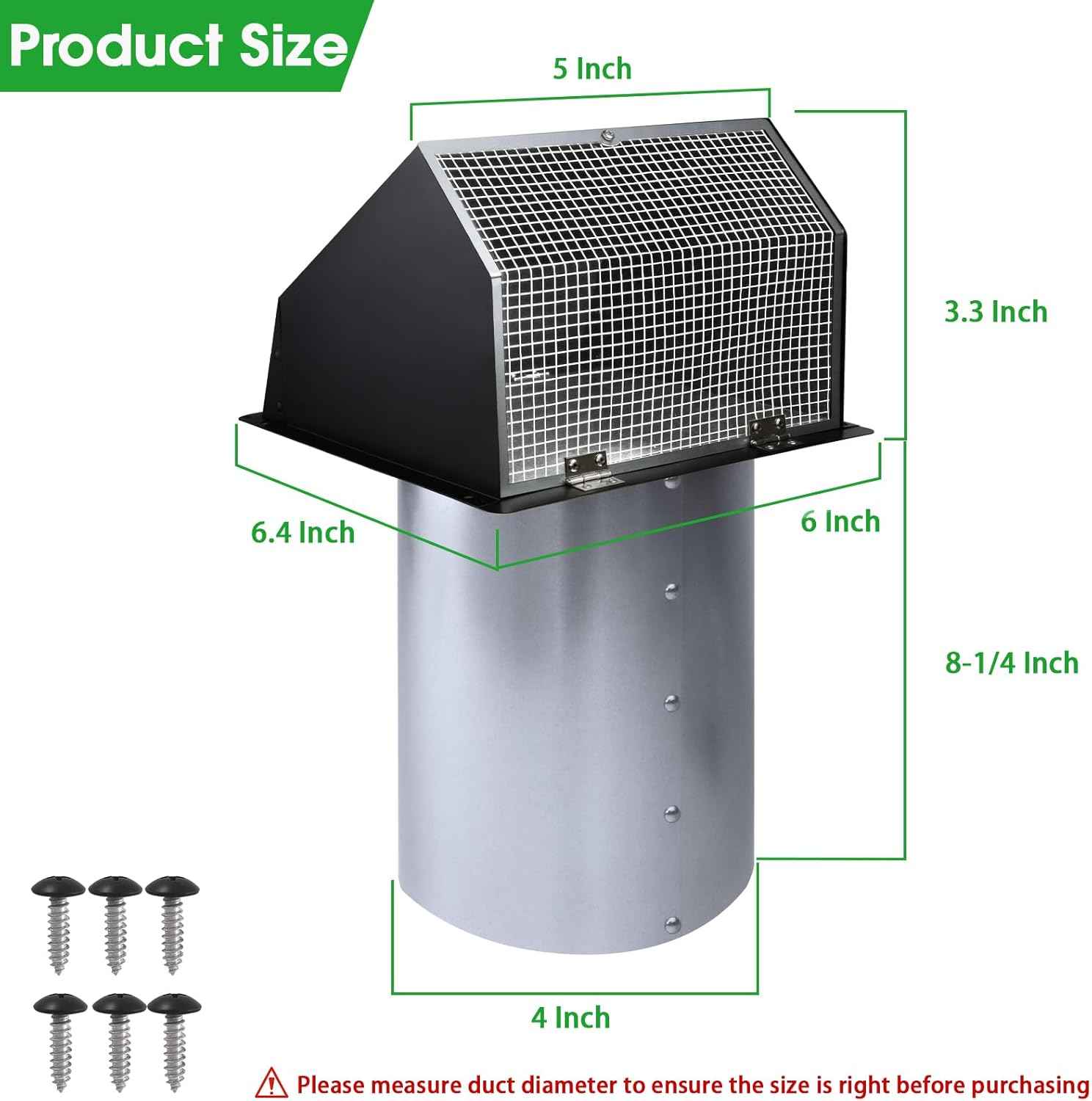 5-Inch Exterior Dryer Vent Cover with Screen & Damper - Galvanized Steel, Black