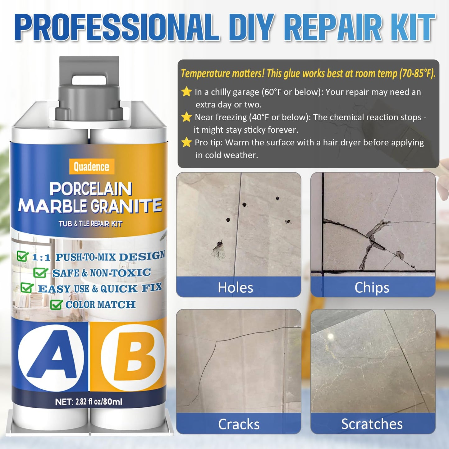 Porcelain Repair Kit, Quadence Waterproof Fiberglass Tub Repair Kit for Porcelain, Enamel, Fiberglass, Acrylic, Ceramic, Fix Chips, Crack, Scratches, Rust, Holes on Tubs, Toilet, Sink, Color Match