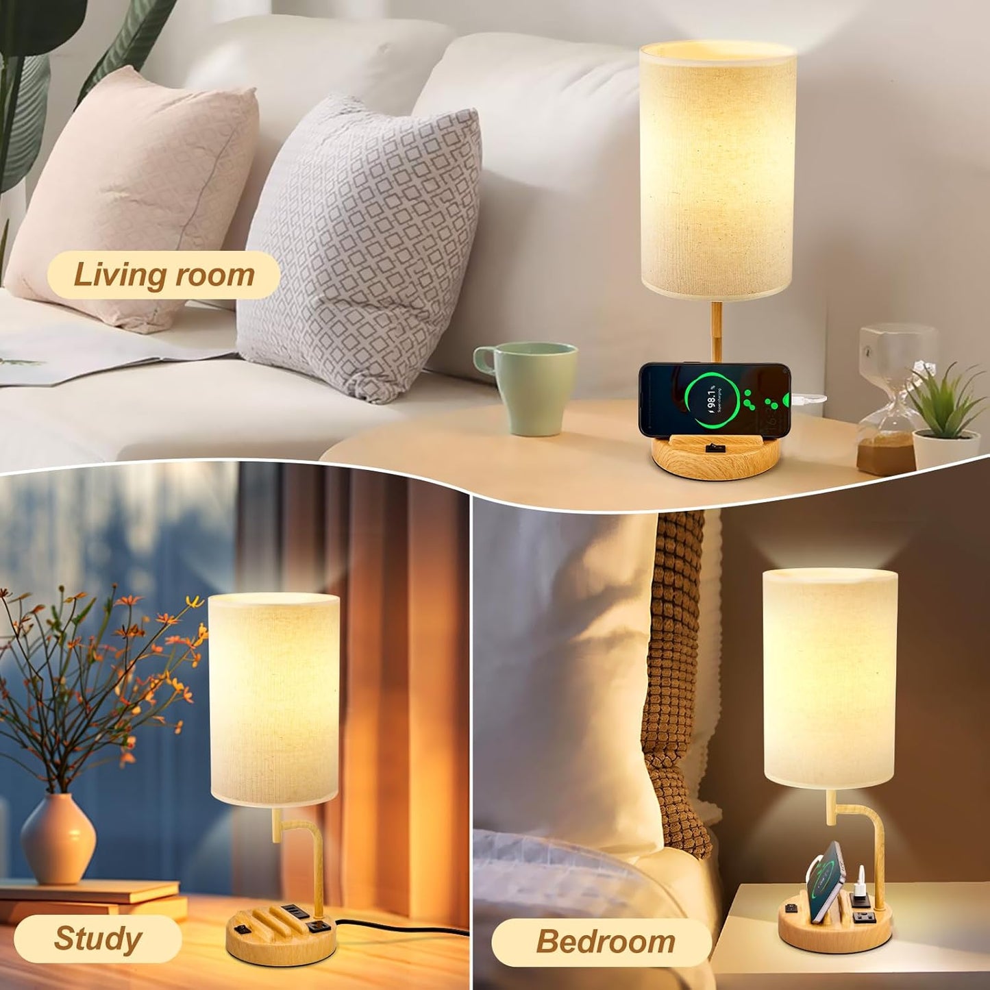 Modern Table Lamp with 3 USB Ports & AC Outlet - Set of 2 Bedside Desk Lamps in Silver