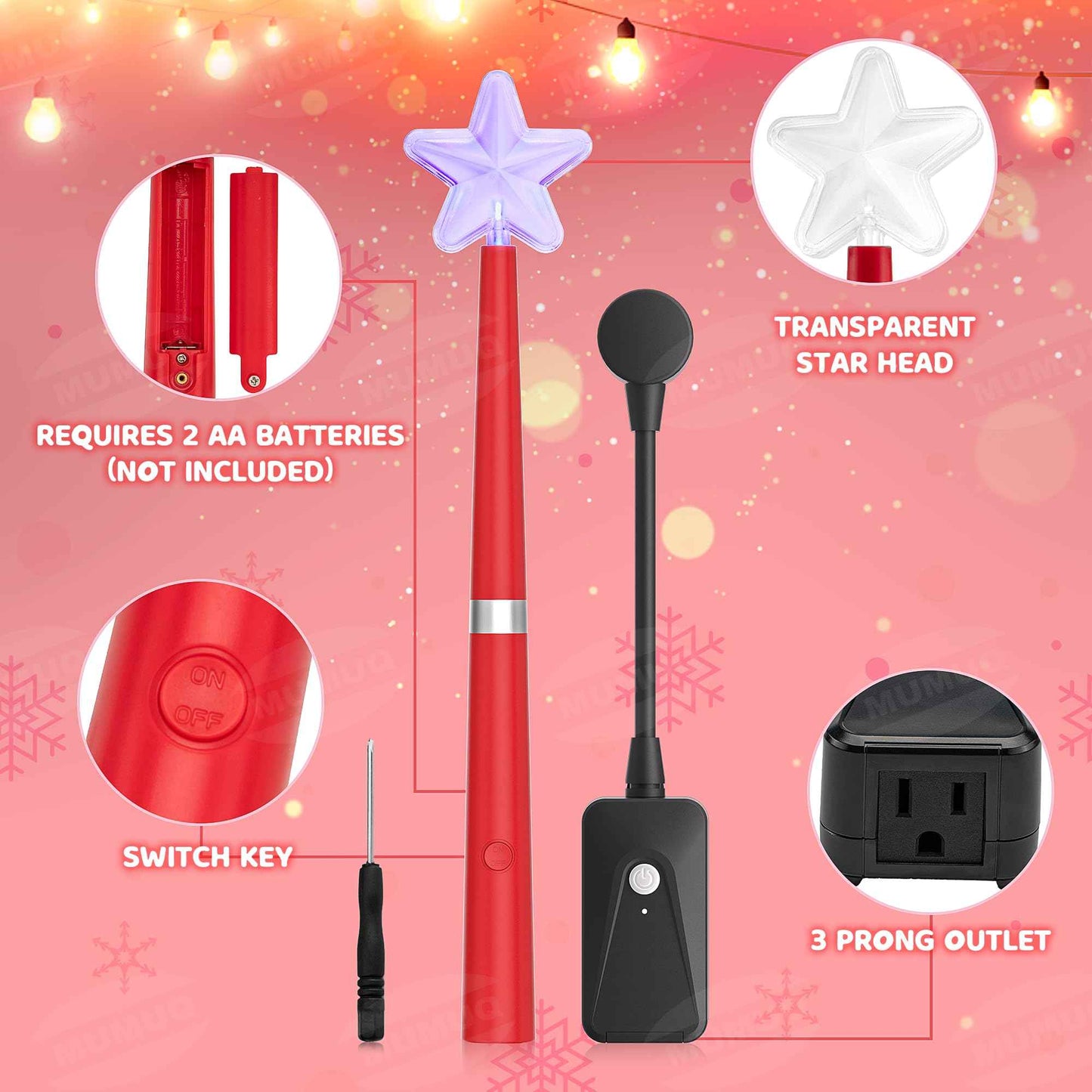 Magic Christmas Light Wand Wireless Magic Remote Wand Switch Kit with Music Surpised for Kids Remote Control Outlet Switch for Christmas Tree Lights Decor String Lights Indoor/Outdoor, Red
