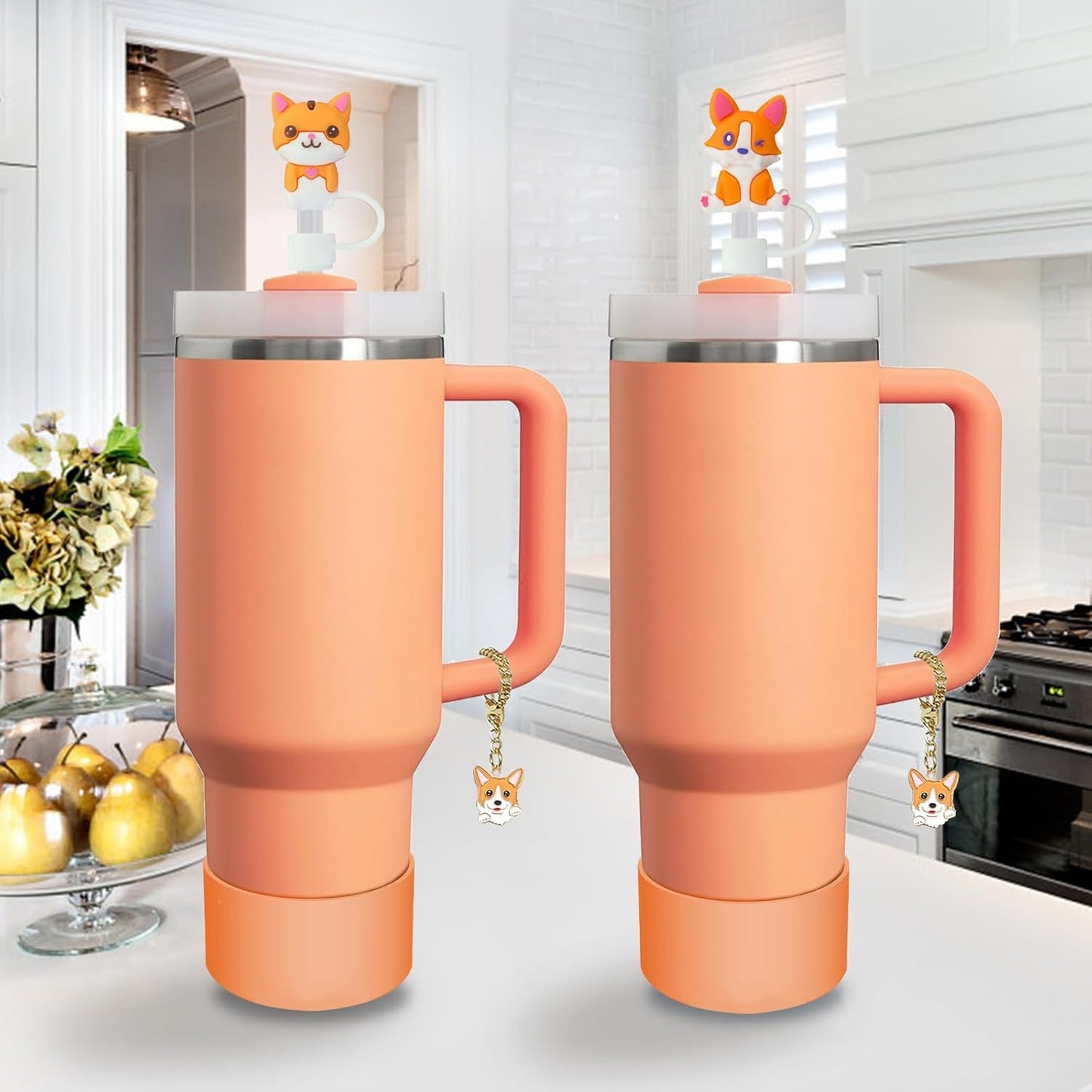 Stanley Cup Accessories Set - 2 Straw Covers, Spill-Proof Stopper & Cute Dog Charm | Sunshine Orange