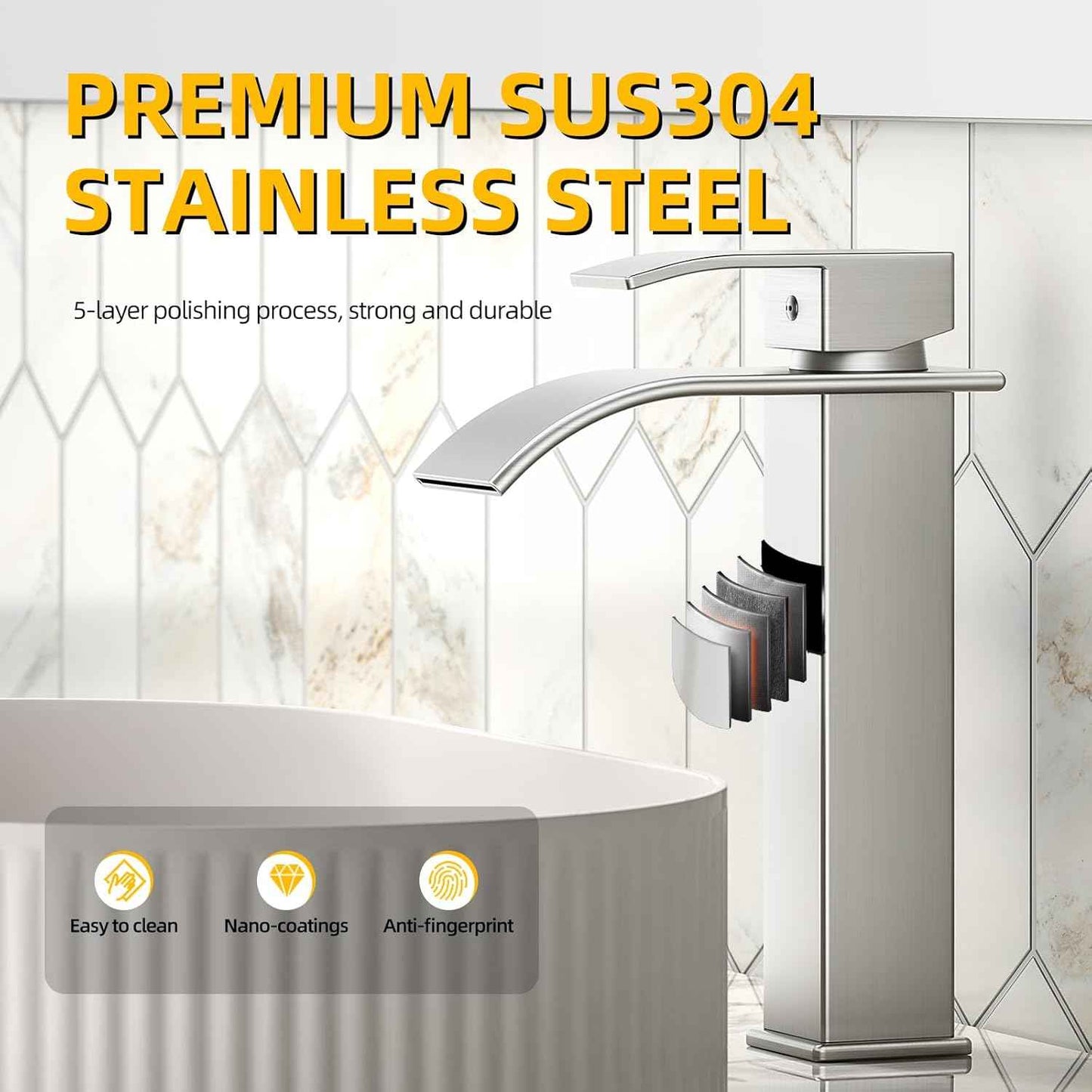 Modern Brushed Gold Bathroom Faucet with Waterfall Spout & Pop-Up Drain - Single Handle Vanity Sink Faucet