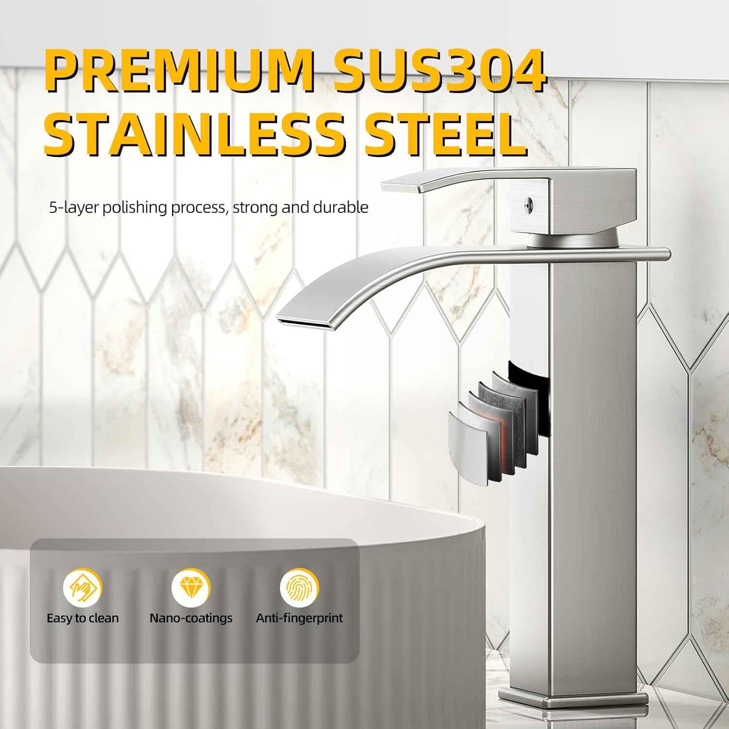 Modern Brushed Gold Bathroom Faucet with Waterfall Spout & Pop-Up Drain - Single Handle Vanity Sink Faucet
