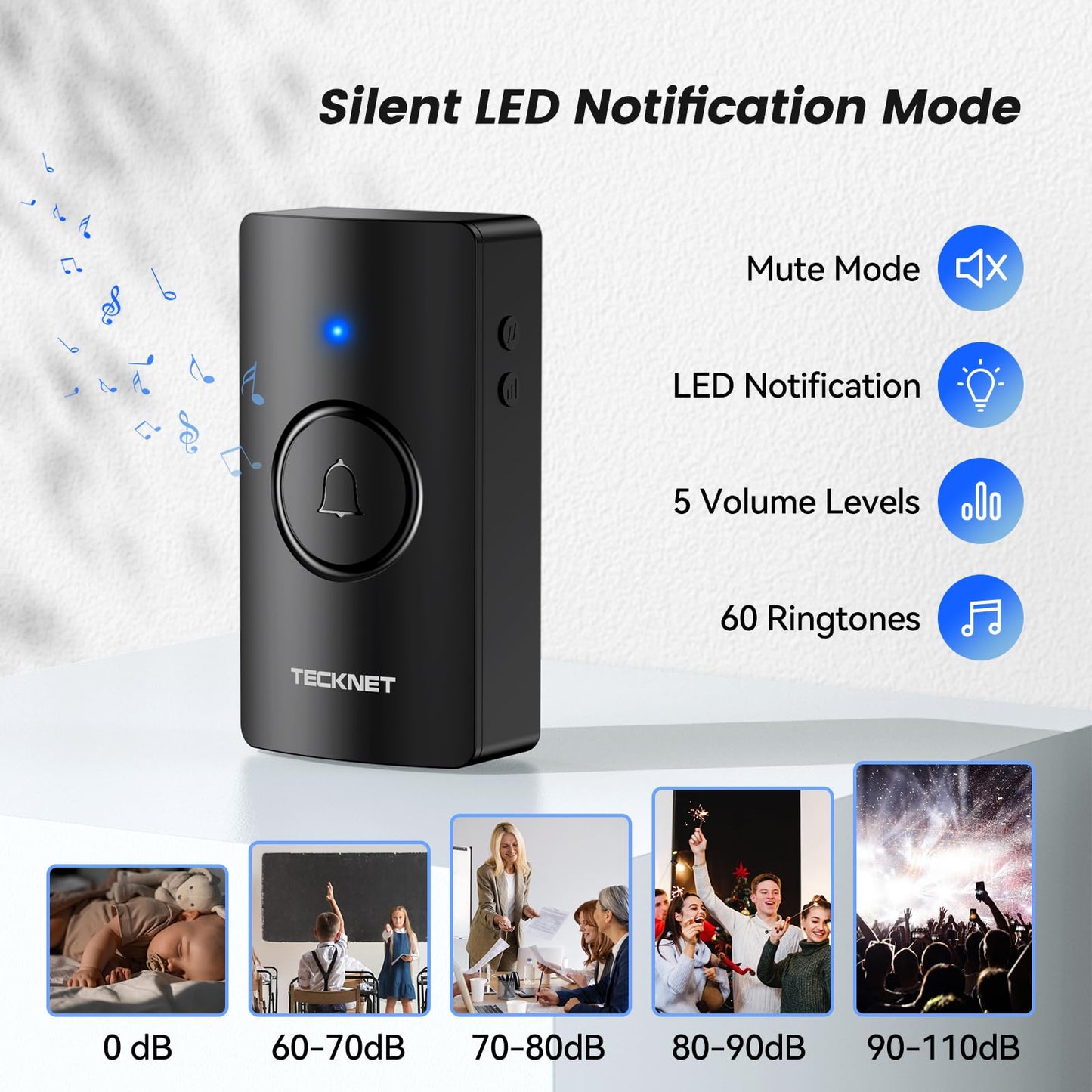 TECKNET Wireless Doorbell 1300FT, IP67 Waterproof Classroom Doorbell Battery-Powered Door Bell, 60 Chimes 5-Level Volume, Electric Doorbells No Plug-in Required for Home Classroom Teachers Warehouse