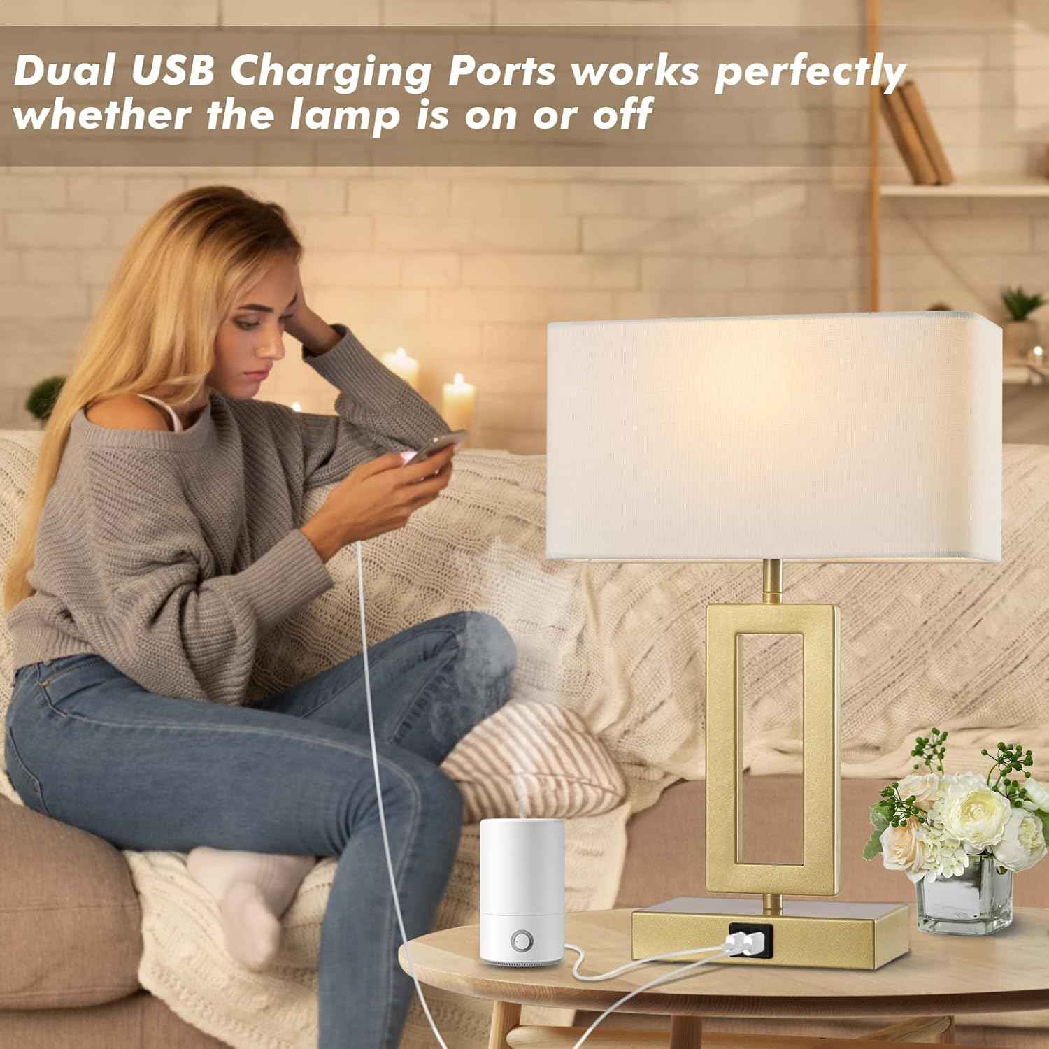 Gold Table Lamps Set of 2 - 3-Way Dimmable Touch Control with USB Ports, 22” Modern Design for Bedroom & Living Room