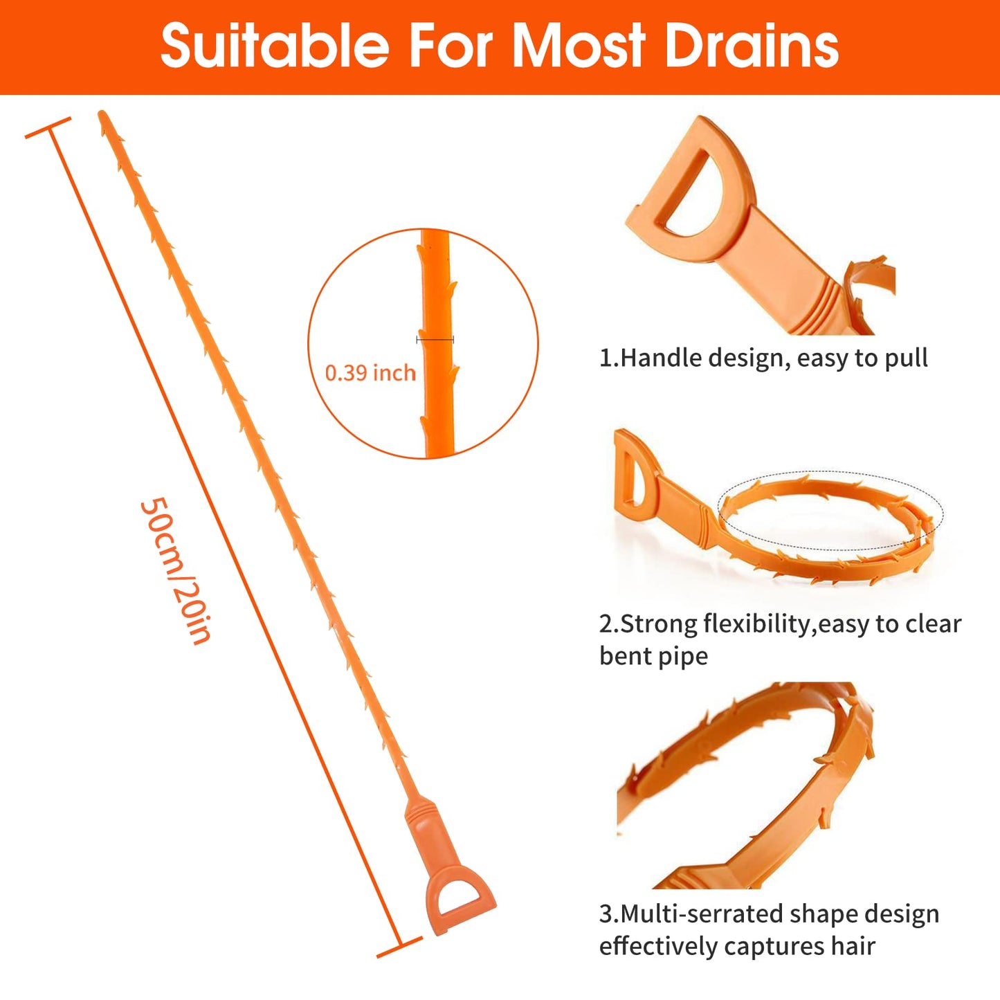 Huryfox Drain Clog Remover Tool- 12 Pack 20 Inch Length Drain Cleaner Sticks for Sink, Pipe and Tub - Plumbing unclogger Tool for Clogged Drains in Shower, Hair Catcher for bathroom, kitchen, Bathtub