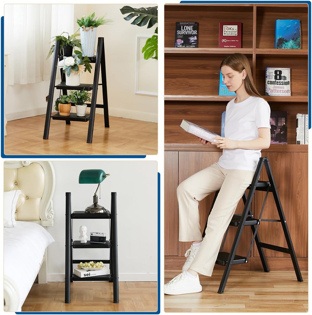 3-Step Folding Step Ladder - Sturdy 330 Lbs Capacity, Anti-Slip Pedals, Multi-Use Kitchen Stool, Black