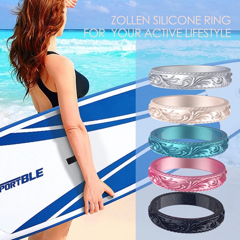 Zollen Silicone Wedding Rings for Women 4 Packs -Metallic Stackable Silicone Rubber Wedding Bands - Innovative Vine Collection, Size 8