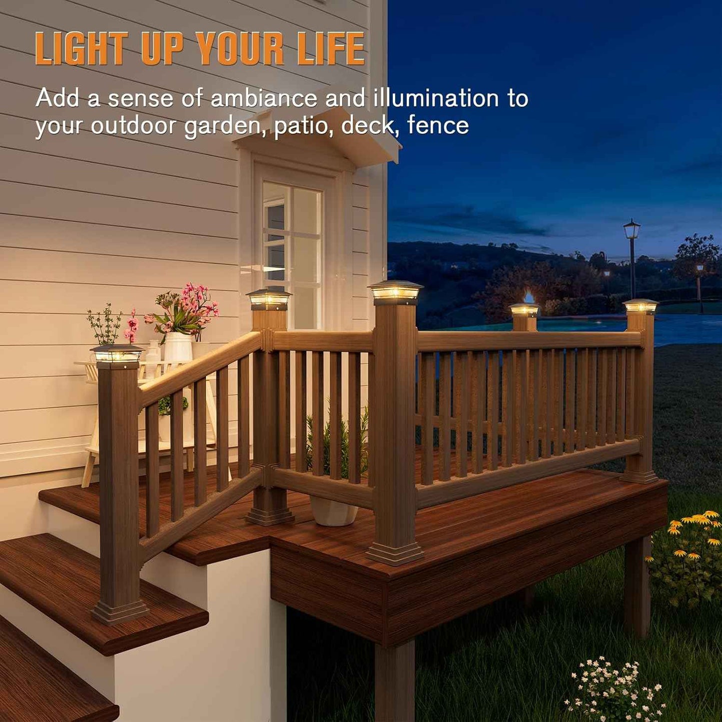 Solar Post Cap Lights 8-Pack - Adjustable Brightness Warm White, IP64 Waterproof, Vintage Edison Bulbs for 4x4, 5x5, 6x6 Fence & Deck Posts - Black