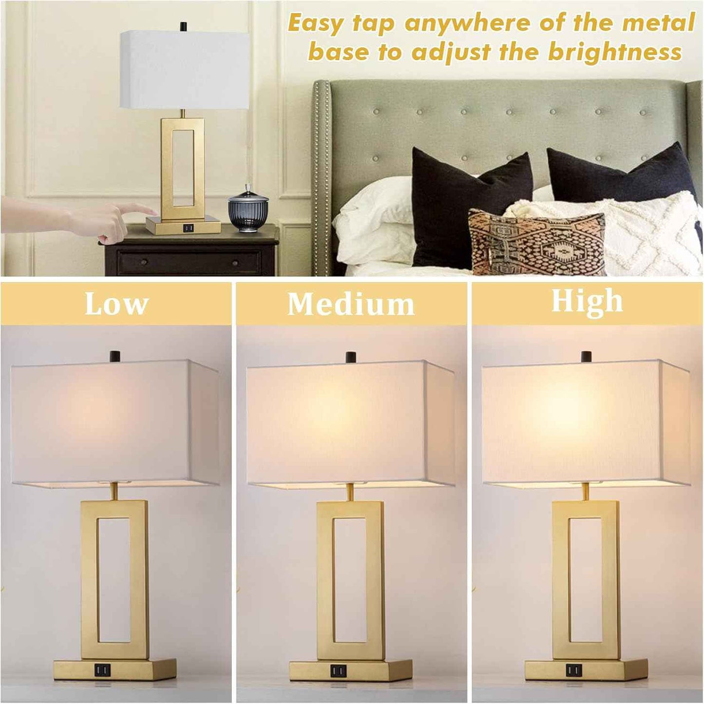 Gold Table Lamps Set of 2 - 3-Way Dimmable Touch Control with USB Ports, 22” Modern Design for Bedroom & Living Room