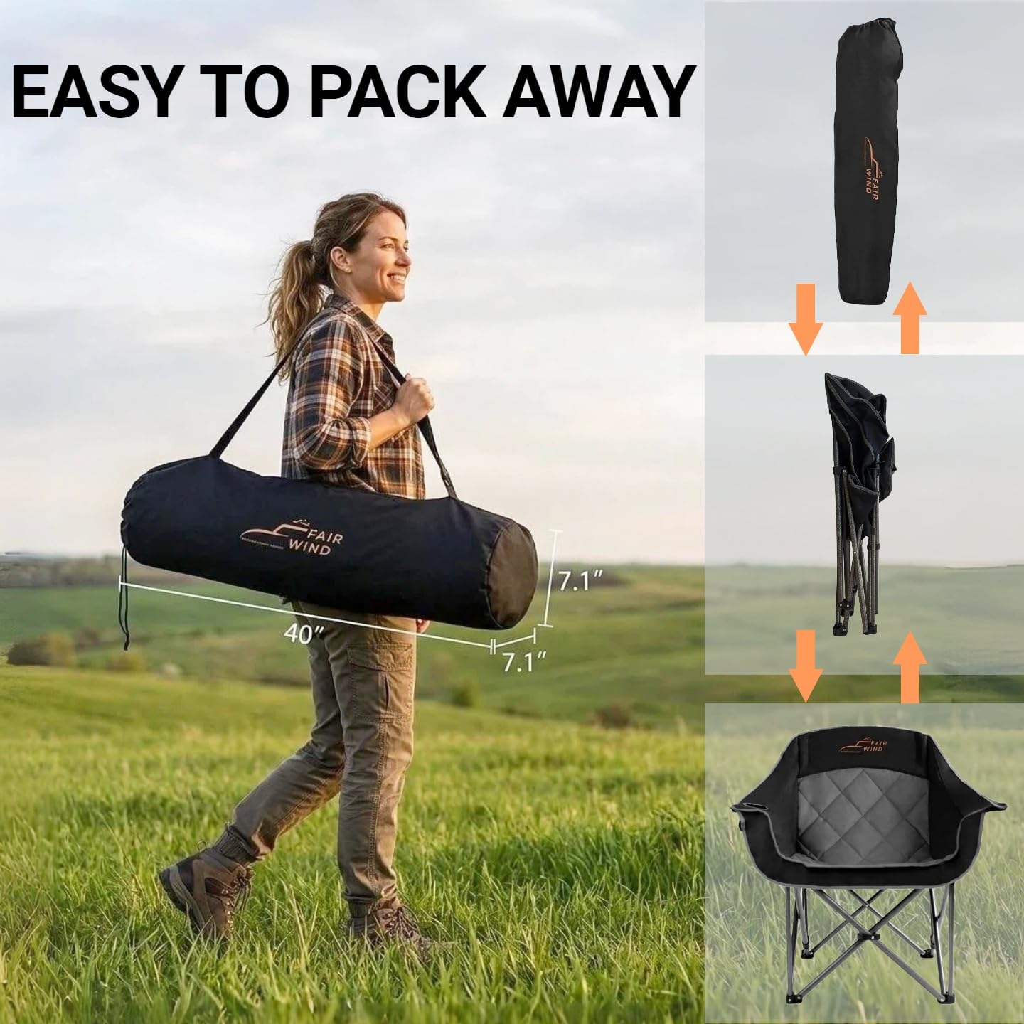 FAIR WIND Oversized Padded Camping Chair Heavy Duty Quad Fold Arm Chair Portable for Outdoor - Support 500LBS, Black
