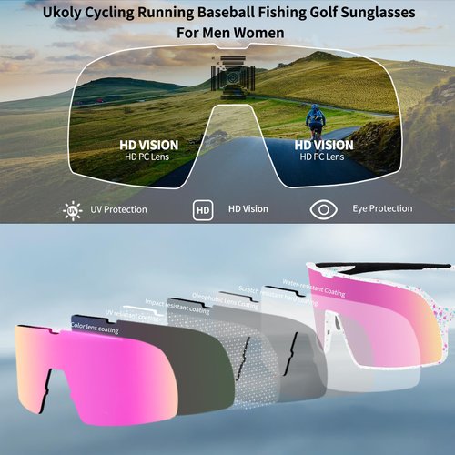 Ukoly Baseball/Running Sunglasses Cycling Glasses For Men Women,Sport Sunglasses HD Lens UV400 Protection TR90 Frame 650 (HD Pink)