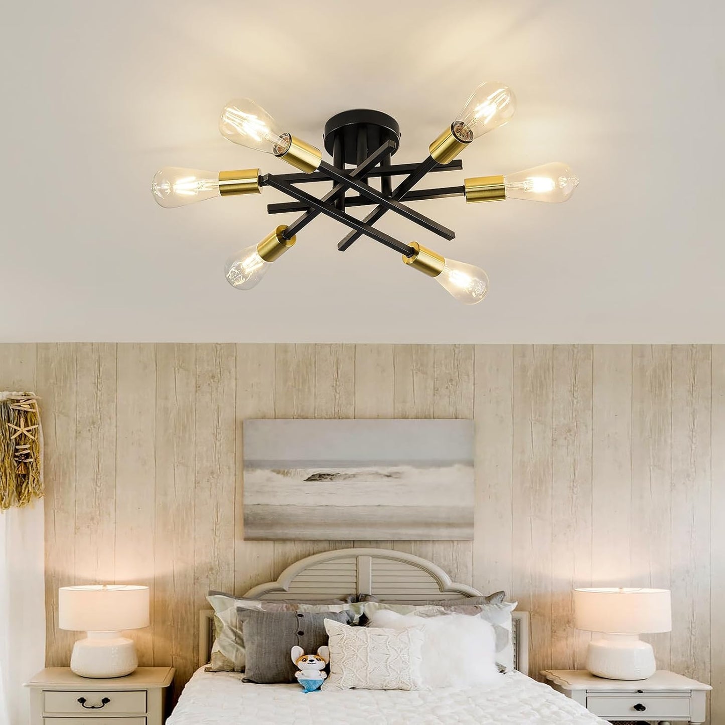 Gold Modern 6-Light Semi Flush Mount Ceiling Light Fixture - Vintage Sputnik Chandelier for Kitchen, Dining & Living Room