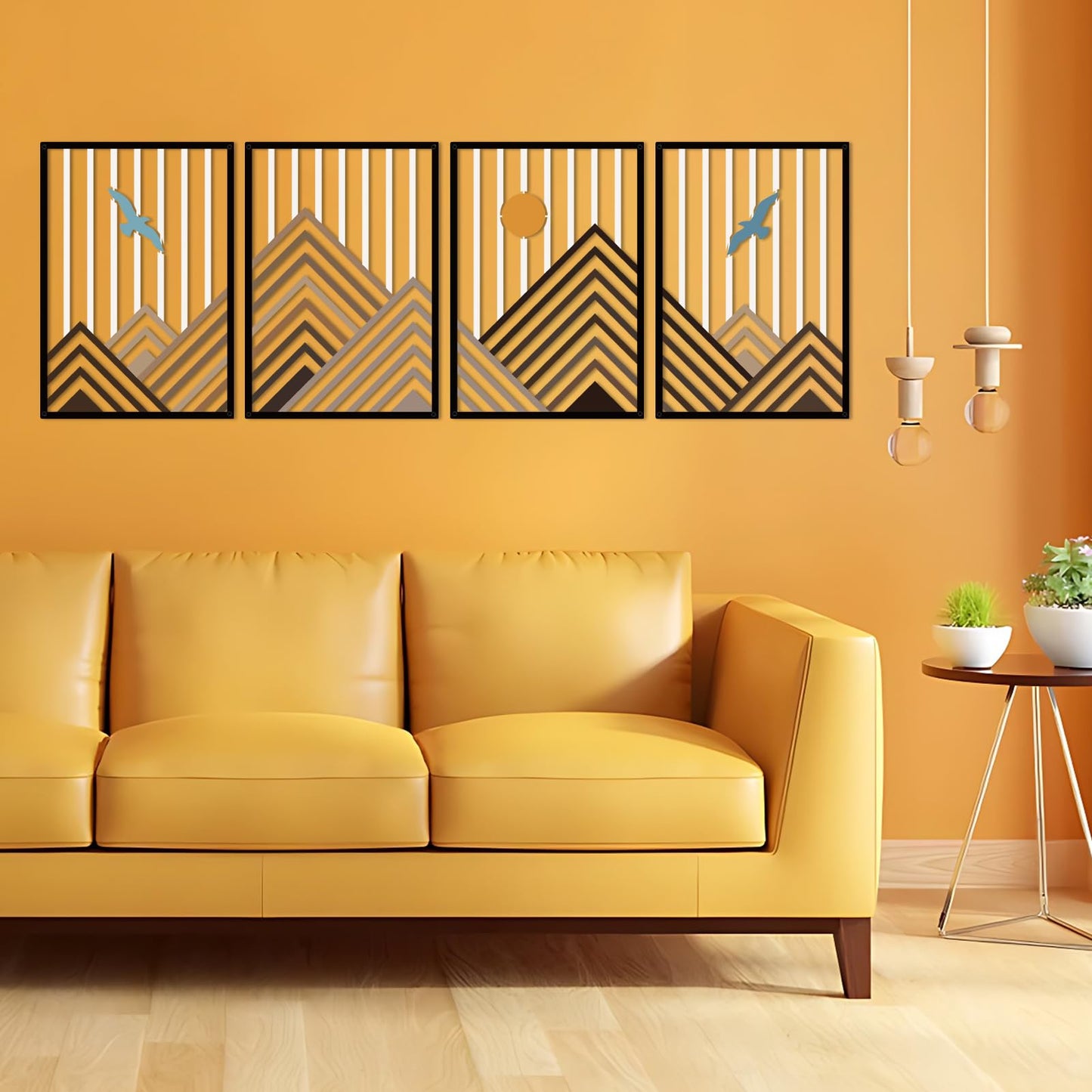Resama 4 Pcs Geometric Mountain Wall Art, Bird & Sun Nature Metal Wall Decor, Modern Abstract Mountain Range Wall Sculpture for Living Room Bedroom, Minimalist Home Hanging Art