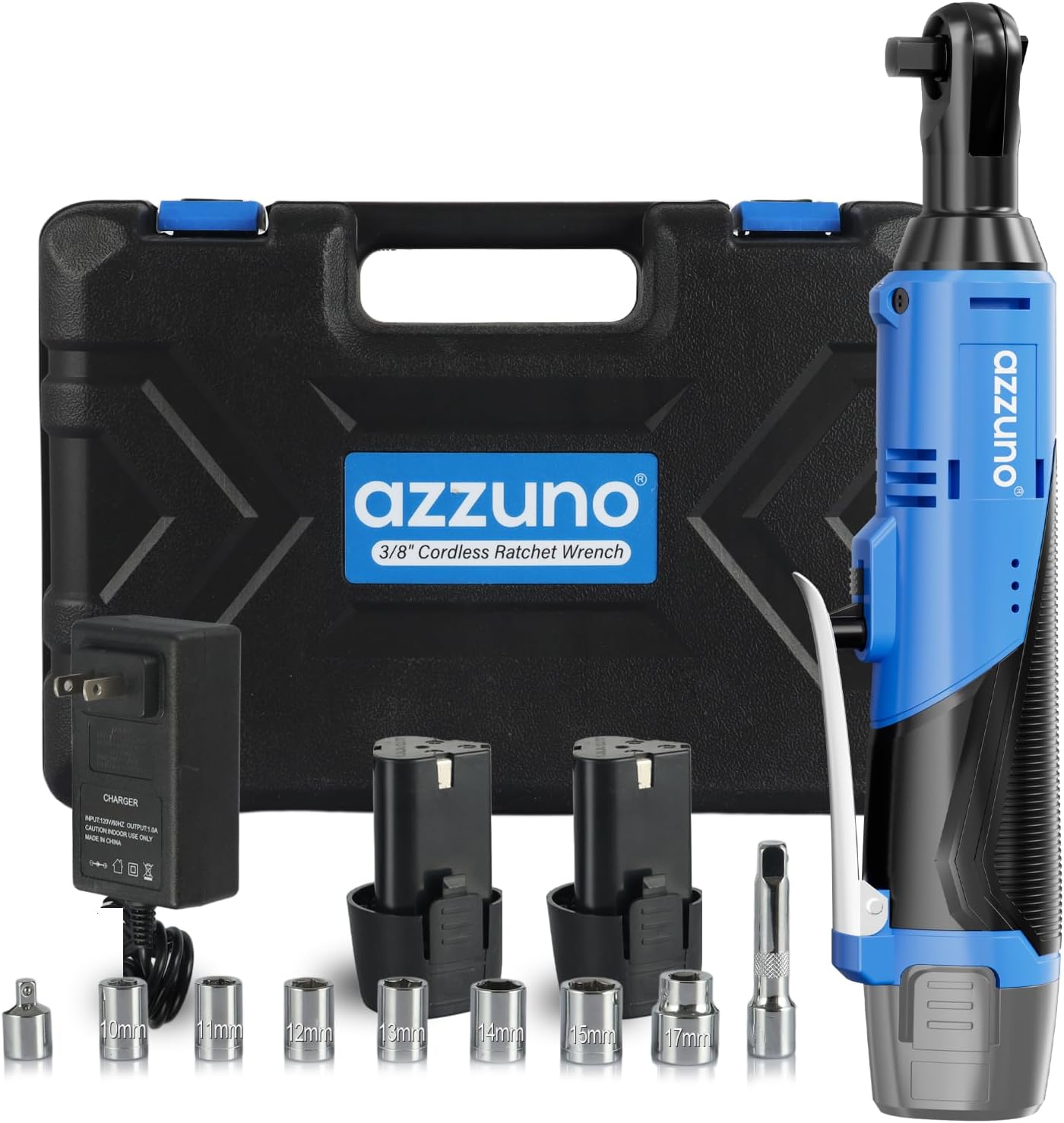 AZZUNO Cordless Electric Ratchet Wrench Set - 30 Ft-lbs, 300 RPM, 2 Batteries & 7 Sockets