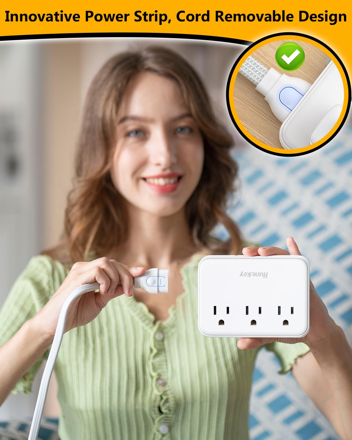 Non Surge Power Strip for Cruise, Travel Power Strip Cord Removable for Easy Packing, Huntkey 3 Outlets with 4 USB Ports (2 USB-C, 2 USB-A), 4ft/10ft/16ft Cord Available, Power Cord Sold Separately