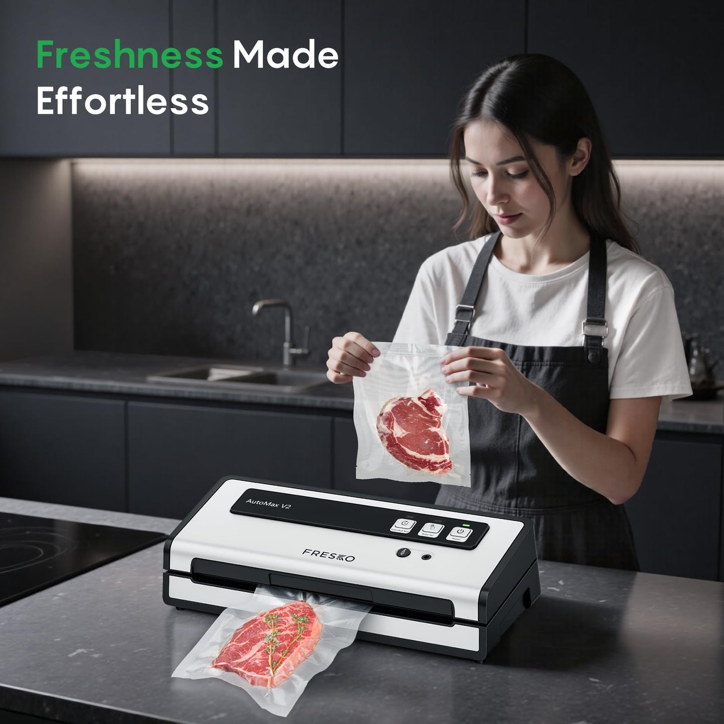 FRESKO Automatic Vacuum Sealer for Food with 95 kPa Powerful Suction, Compact Food Sealer machine Starter Kit with 10 Vacuum Bags for Dry/Moist Food, Sous Vide, Meal Prep