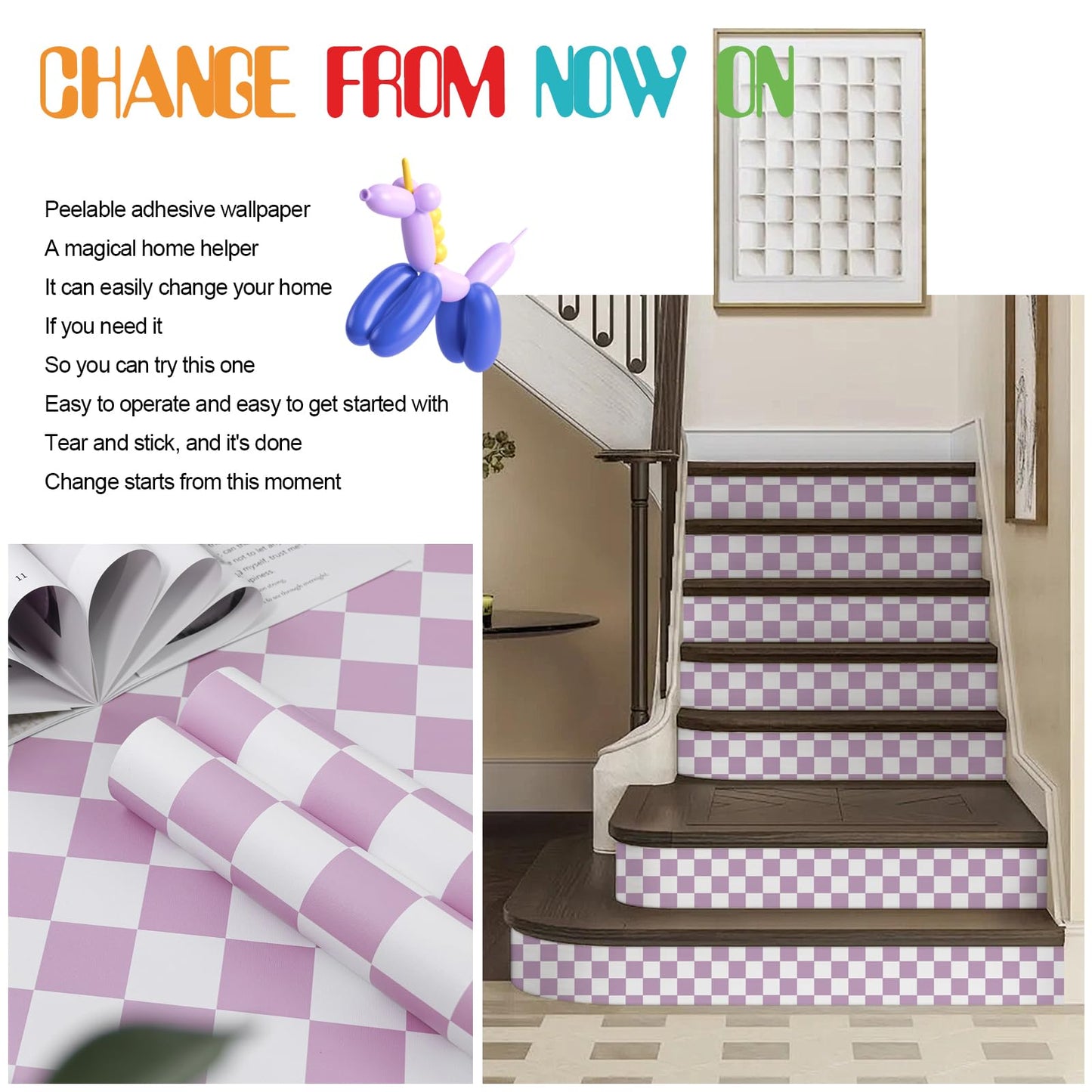 Amiya Checkered Wallpaper Peel and Stick Purple Checkerboard Contact Paper 17.3”X120”Modern Lavender Self Adhesive Vinyl Removable Wall Paper Mosaic for Shelf Liner,Classroom,Cabinets,Living Room