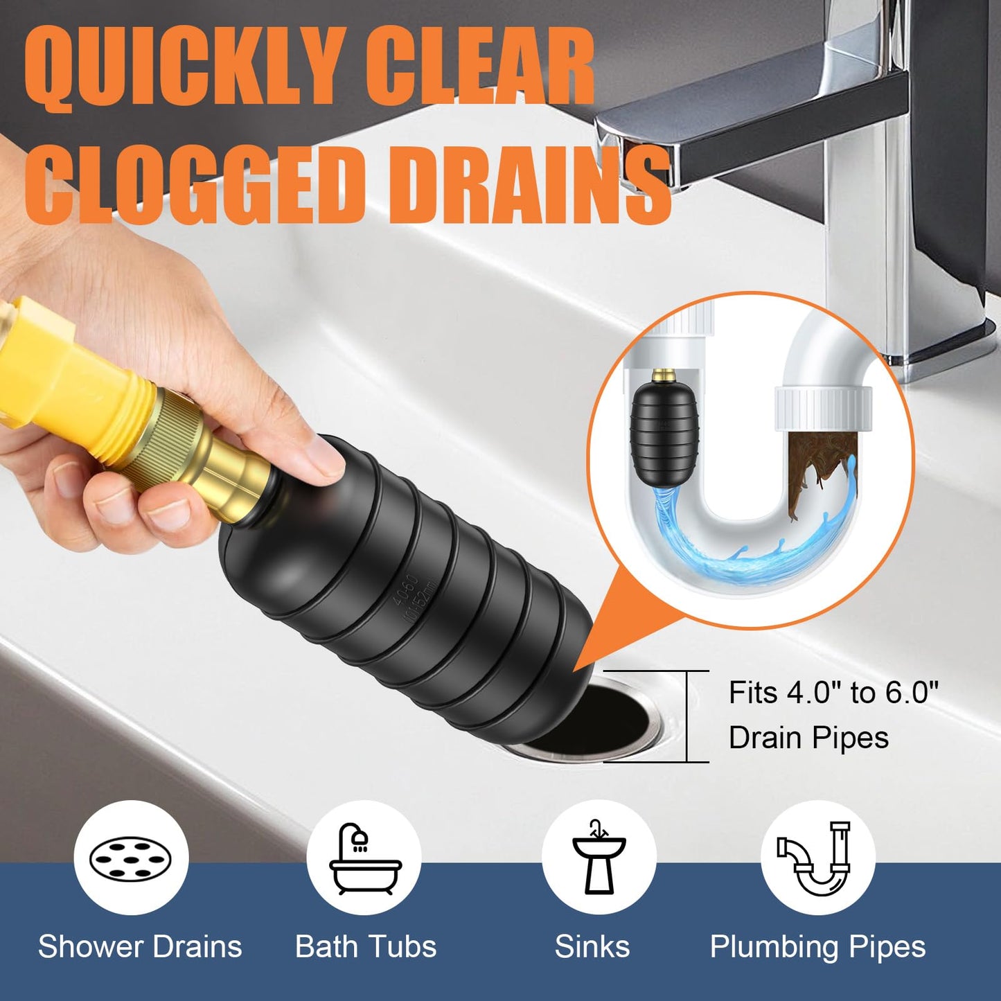 Fosenlion Large Drain Cleaning Bladder Fits 4" to 6" Pipes, Rubber Drain Bladder Unclogger for Bathroom Sinks, Showers, Swimming Pool Drains, Kitchen Sinks and Main Drains