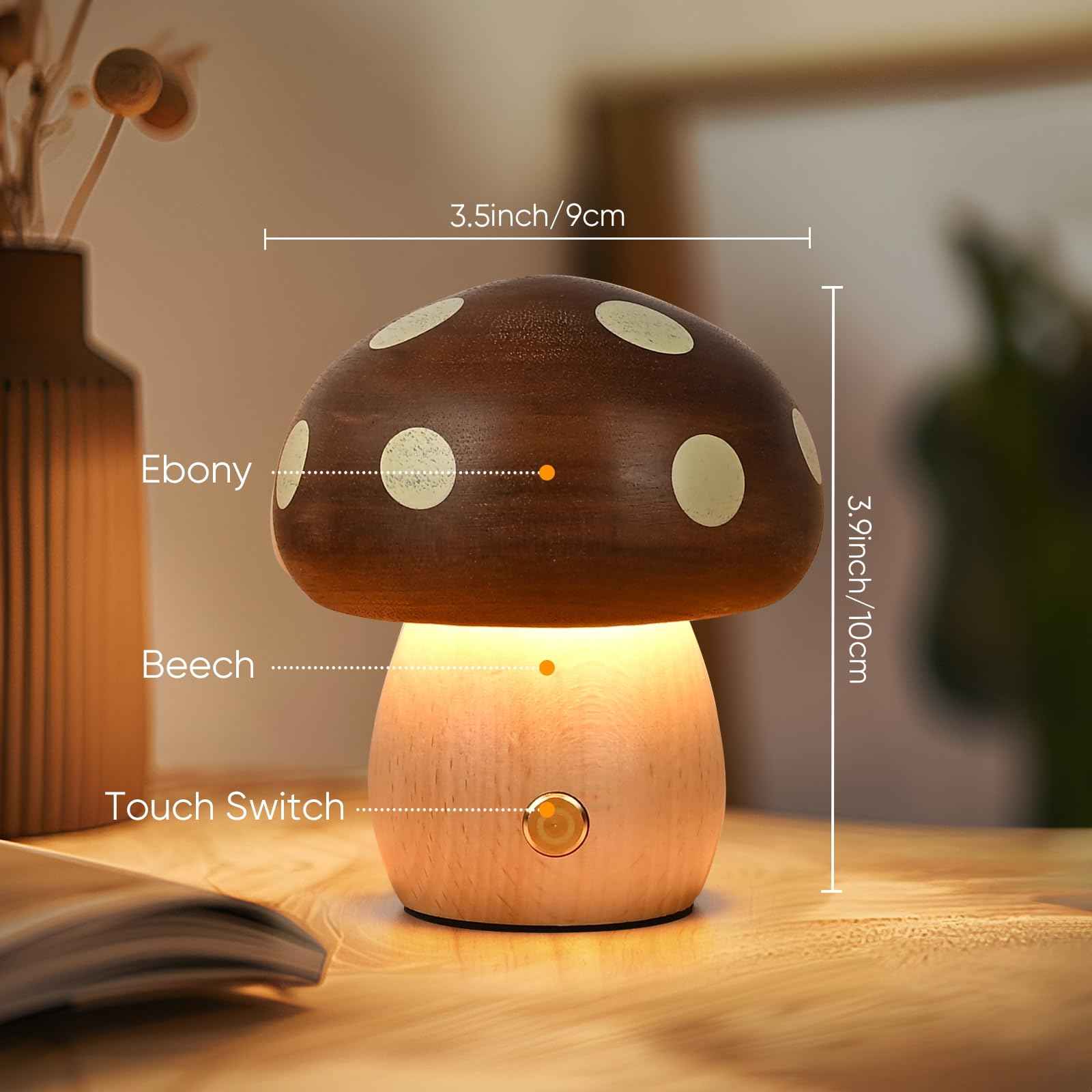 LONRISWAY LED Wooden Mushroom Lamp, Rechargeable Battery Operated Portable Cordless Touch Switch Small Lamp, Stepless Dimming Night Light for Birthday Gifts