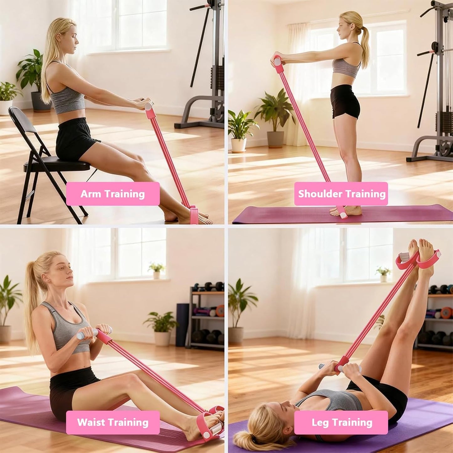 Skiennix 8-Tubes Pedal Resistance Band - Multifunctional Exercise Rope for Full Body Workout | Pink